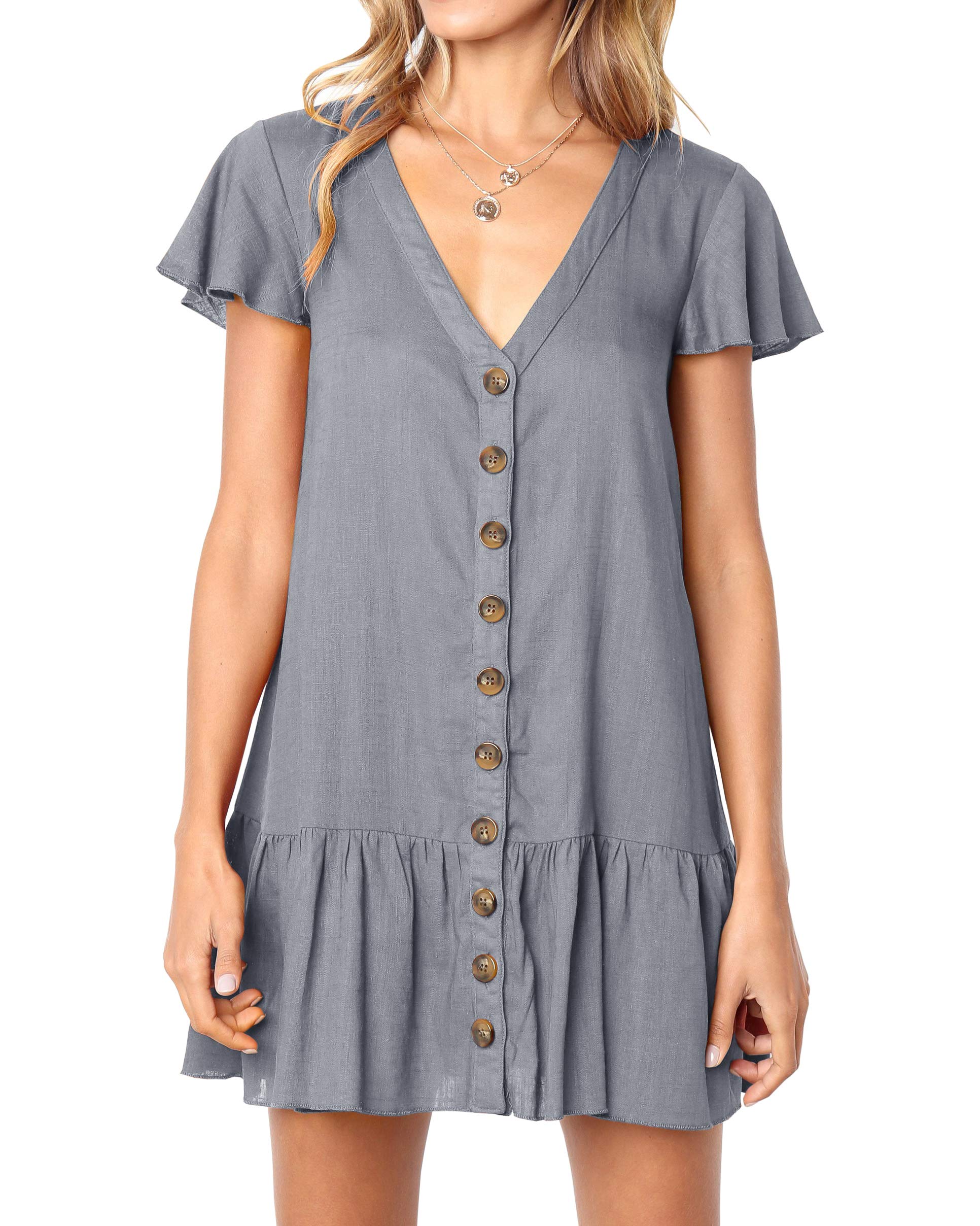 Imysty Womens Summer Polka Dot V Neck Button Down Loose Mini Dress