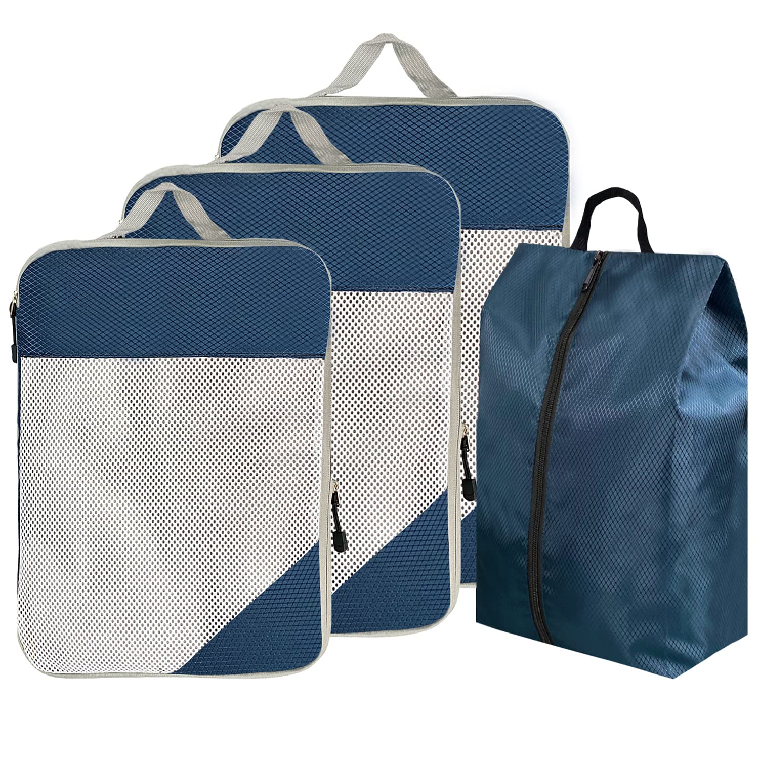 ehsbuy4-Piece Packing Cubes Compression Packing Bags for Suitcases 3 Cubes + 1 Laundry Bag Suitcase Organiser Packing Cube Set for Clothing Accessories,Navy,XL