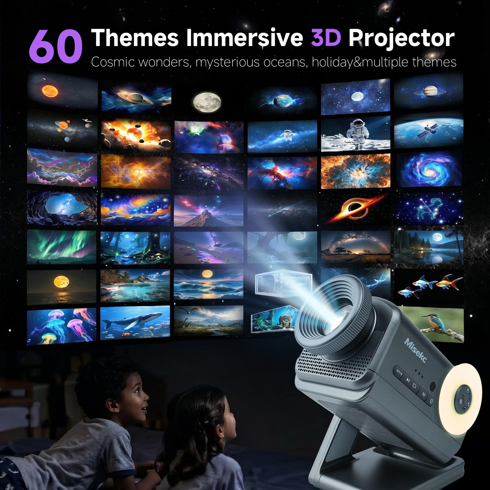 Projecteur 3D, 60 thèmes HD 3D Galaxy avec haut-parleur Bluetooth et télécommande, minuterie 1h/2h, veilleuse pour chambre à coucher, décoration d'intérieur, fête, cadeau d'anniversaire pour
