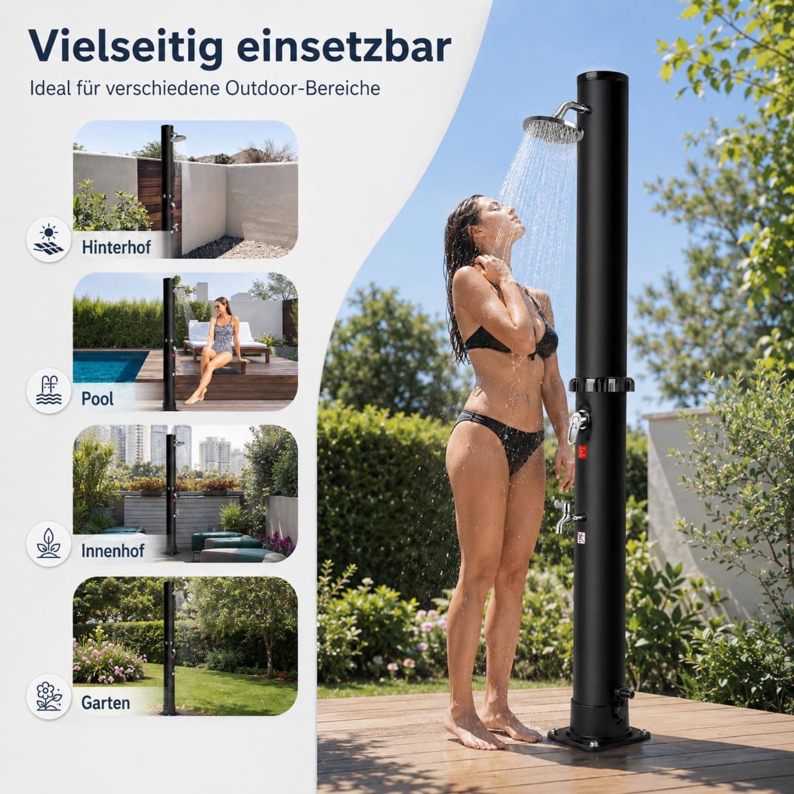 Douche Solaire 40 litres, Douches de Jardin avec Douche Réglable et Robinet, Solaire pour Piscine Douche, Température Maximale de 60°C - Idéal pour Camping, Jardin et Piscine Exterieure