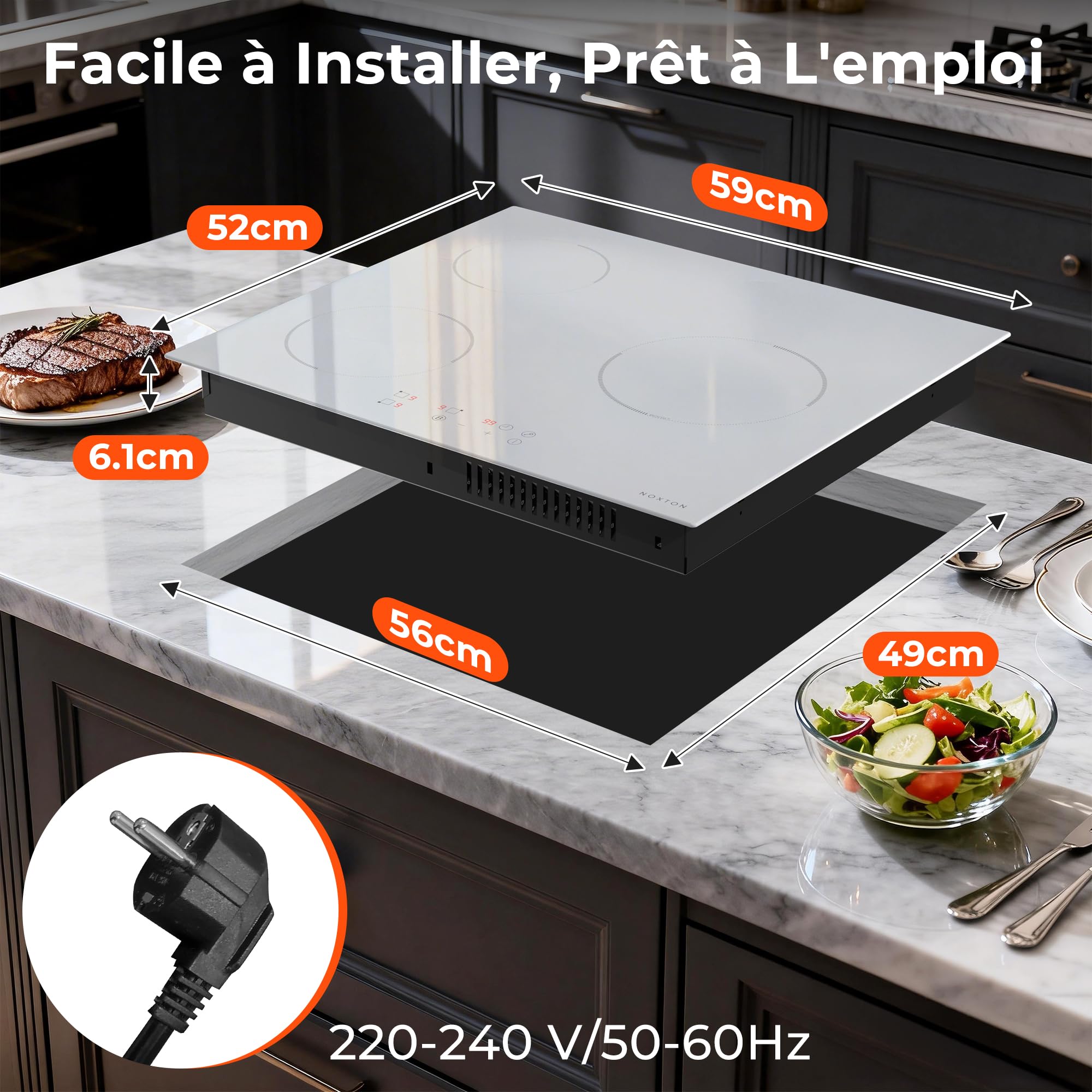 Karinear Plaque Induction Blanc 3 Feux avec Prise | Plaque de Cuisson Induction Encastrable 59CM, 3500W, Commande Tactile, Boost, Verrou de Sécurité, Minuterie, 220V