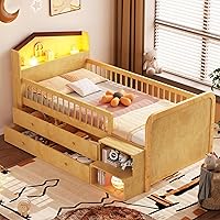 Vista 153 de Modern Full Size Platform Bed Storage Headboard and Safety Guardrail for Kids, Function Wood Platform Bed Frame with Built-in LED Light for Boy