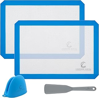 Silicone Baking Mat Set of 2 - 2 Half Sheets + 1 Adjustable Silicone Spatula + 1 Silicone Oven Mitt. Food Grade Baking Mat...