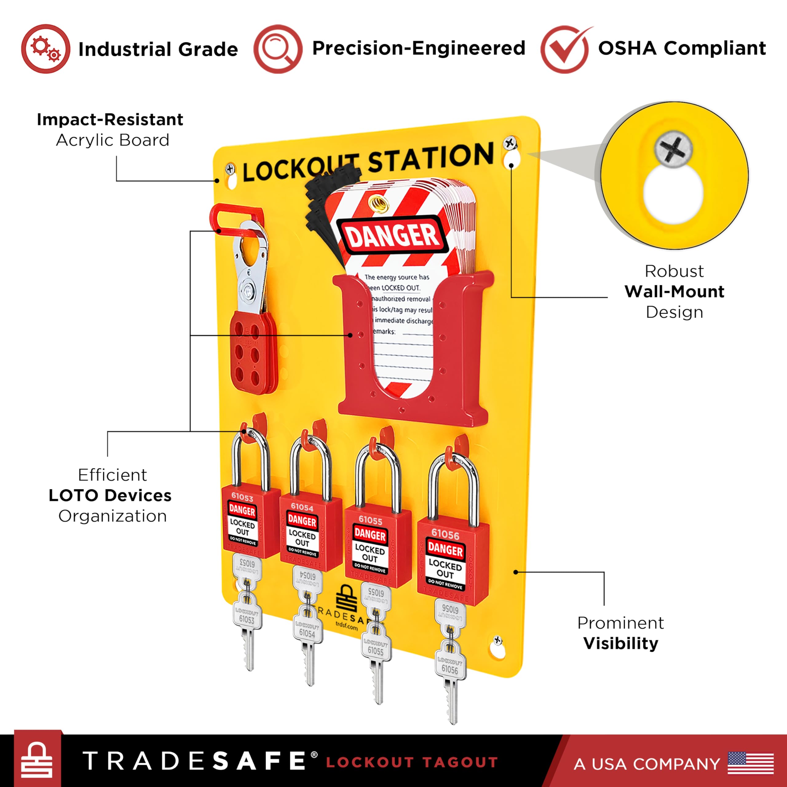 TRADESAFE Estación de etiquetado de bloqueo con dispositivos Loto – Kit de etiqueta de bloqueo con juego de 4 cerraduras de seguridad, cerrojo para candados, 20 etiquetas de no operación para