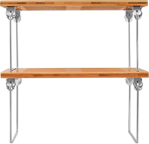 Miniatura 5 de Internet's Best - Estante apilable - Bambú - 2 estantes - Organizador y almacenamiento de armario de armario de cocina - Pequeño