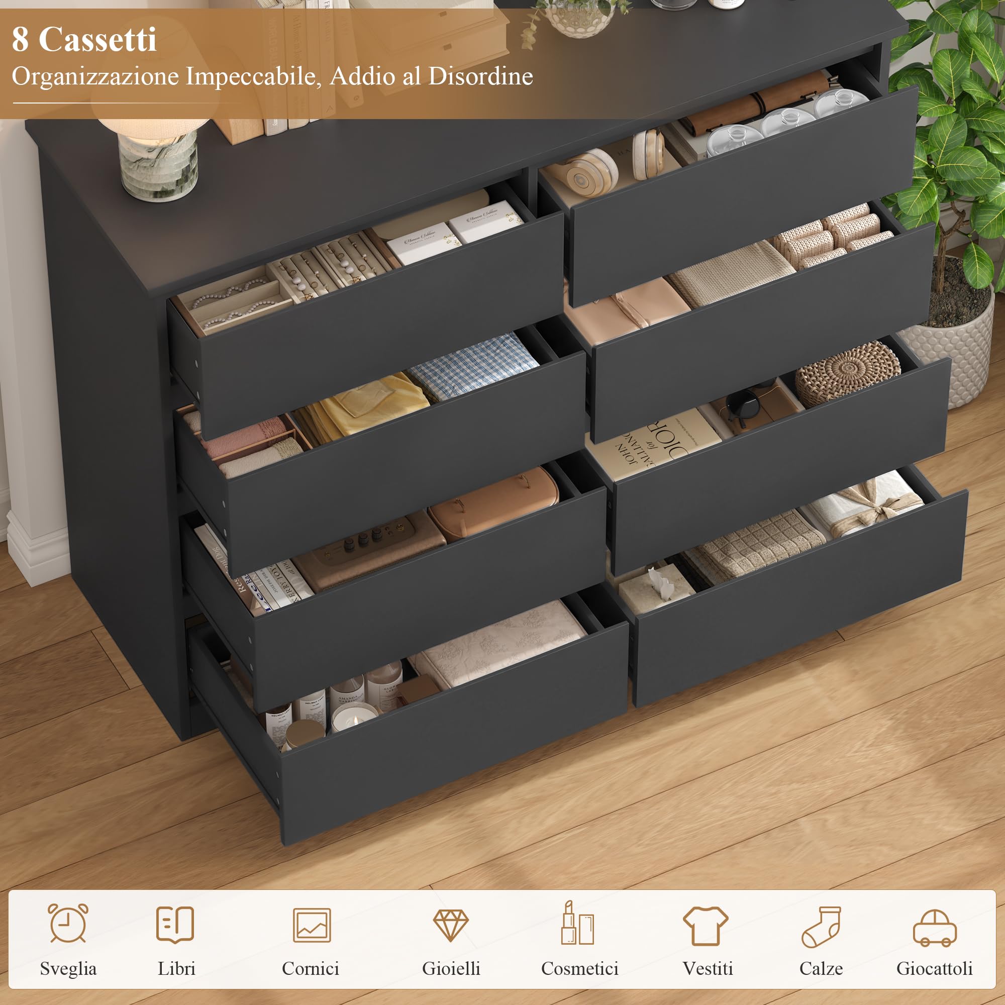 FOREHILL 120 cm Cassettiera con 8 Cassetti, Cassettiera Camera da Letto, Comò Camera da Letto, Mobile con Cassetti Moderna, per Corridoio, Soggiorno, 120x39,5x96cm (Nero)