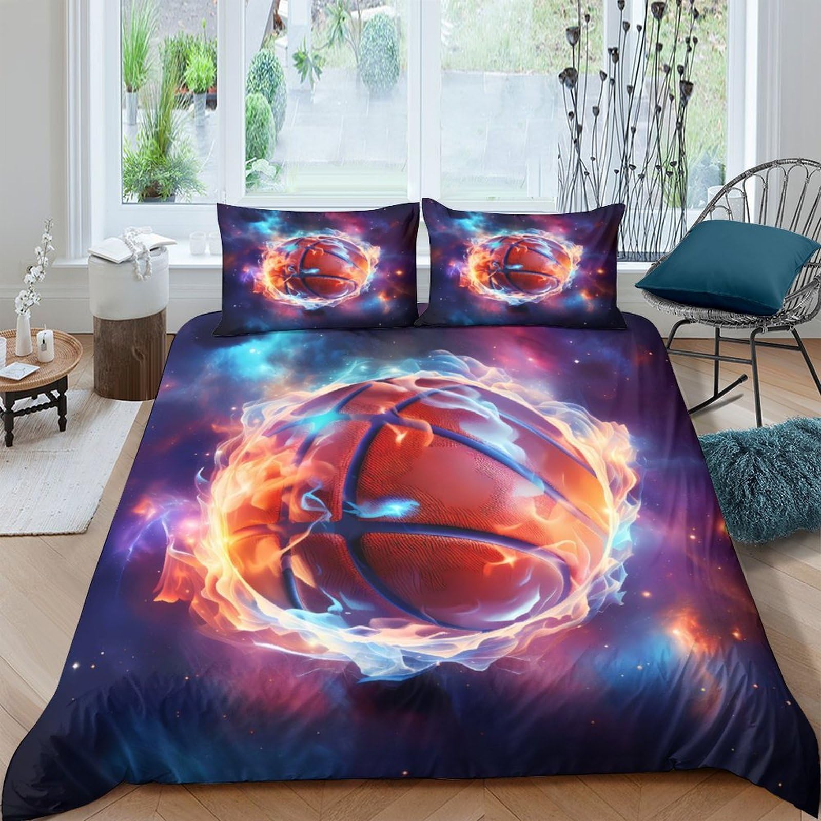 Ctjqhvkz Style-10 3D Printed Fiery Basketball Fitted Sheet Microfiber Soft Deep Blue Galactic Mattress Cover For Bedroom Guest Room Decor Single（135X200cm）