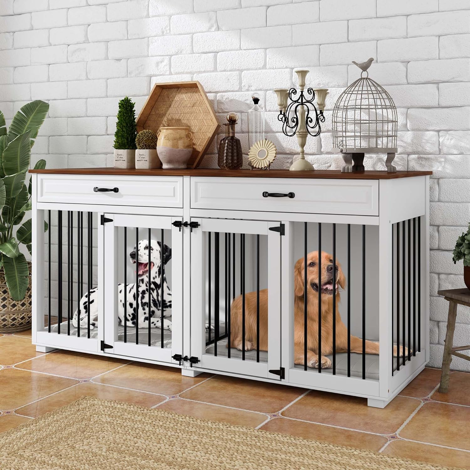64.6″ Furniture Dog Crate, Heavy Duty Wooden Dog Cage Furniture, Indoor Dog Kennel with Drawers & Removable Divider, Luxury Dog House with Double Rooms for Small Medium Breed Dogs, White