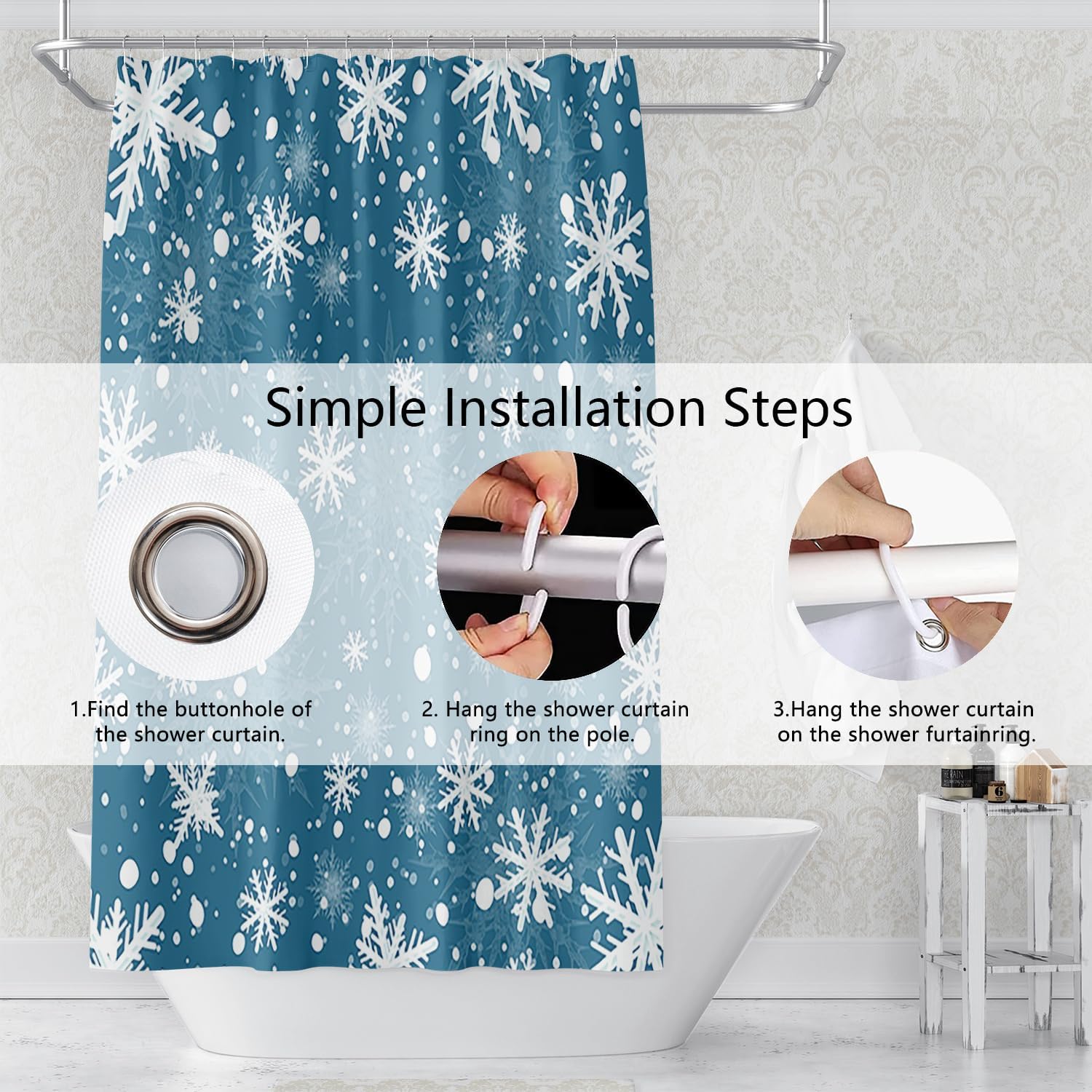 Snowflakes Shower Curtains Merry Christmas Winter Snow Xmas Festival Style Shower Curtain for Bathroom Decor Waterproof Polyester Fabric Set with Hooks, 72 x 96 Inches