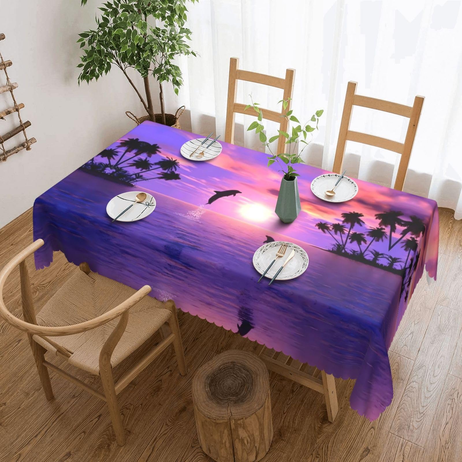 HLSBSSL sunset dolphins (1) Patterned square lace tablecloth, wrinkle-resistant and durable, suitable for dining tables, parties, etc.
