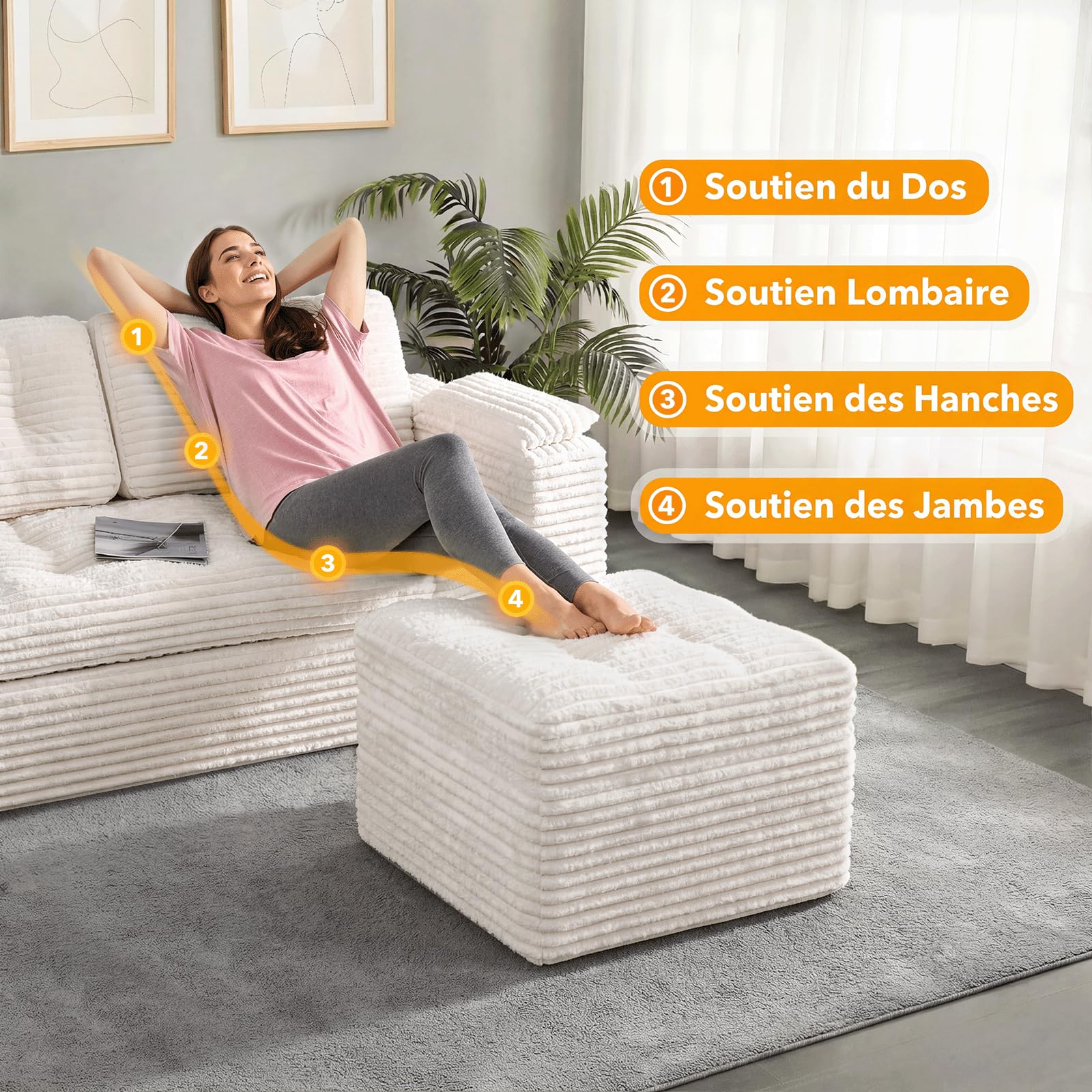 Fabulcozy,Canapé 3 Places 190 cm en Velours Côtelé avec Repose-Pieds, Poches de Rangement Latérales, Coussins d'Accoudoir et 3 Coussins Inclus, Assise Moelleuse, pour Salon, Appartement,Blanc