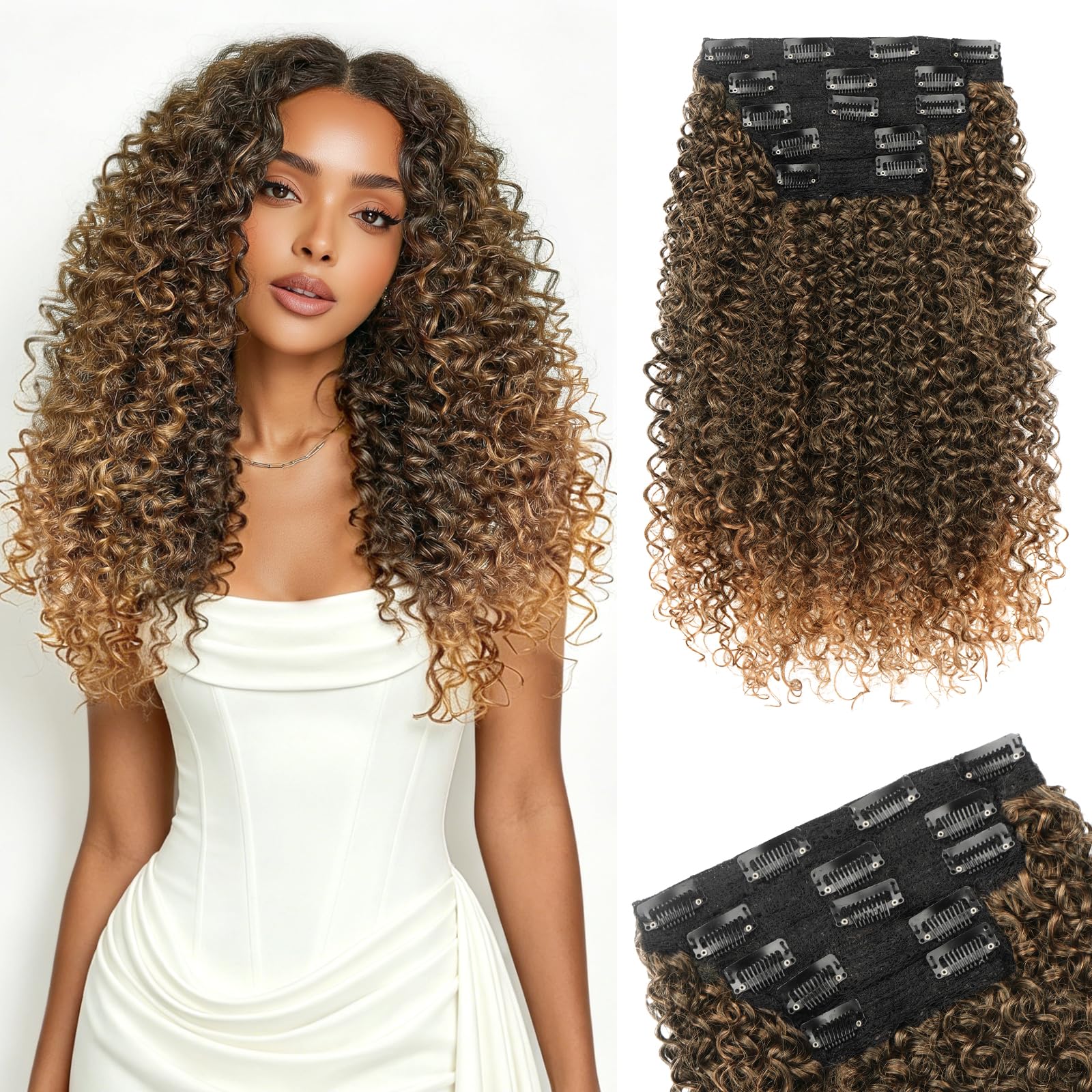 Sofeiyan 5 Pezzi Curly Extension Capelli a Clip,40 cm Kinky Clip In Estensioni per Infoltire i Capelli, Posticci Clip-on Ricci in Stile Afro per Donne,Ombré Nero Naturale a Auburn Medio