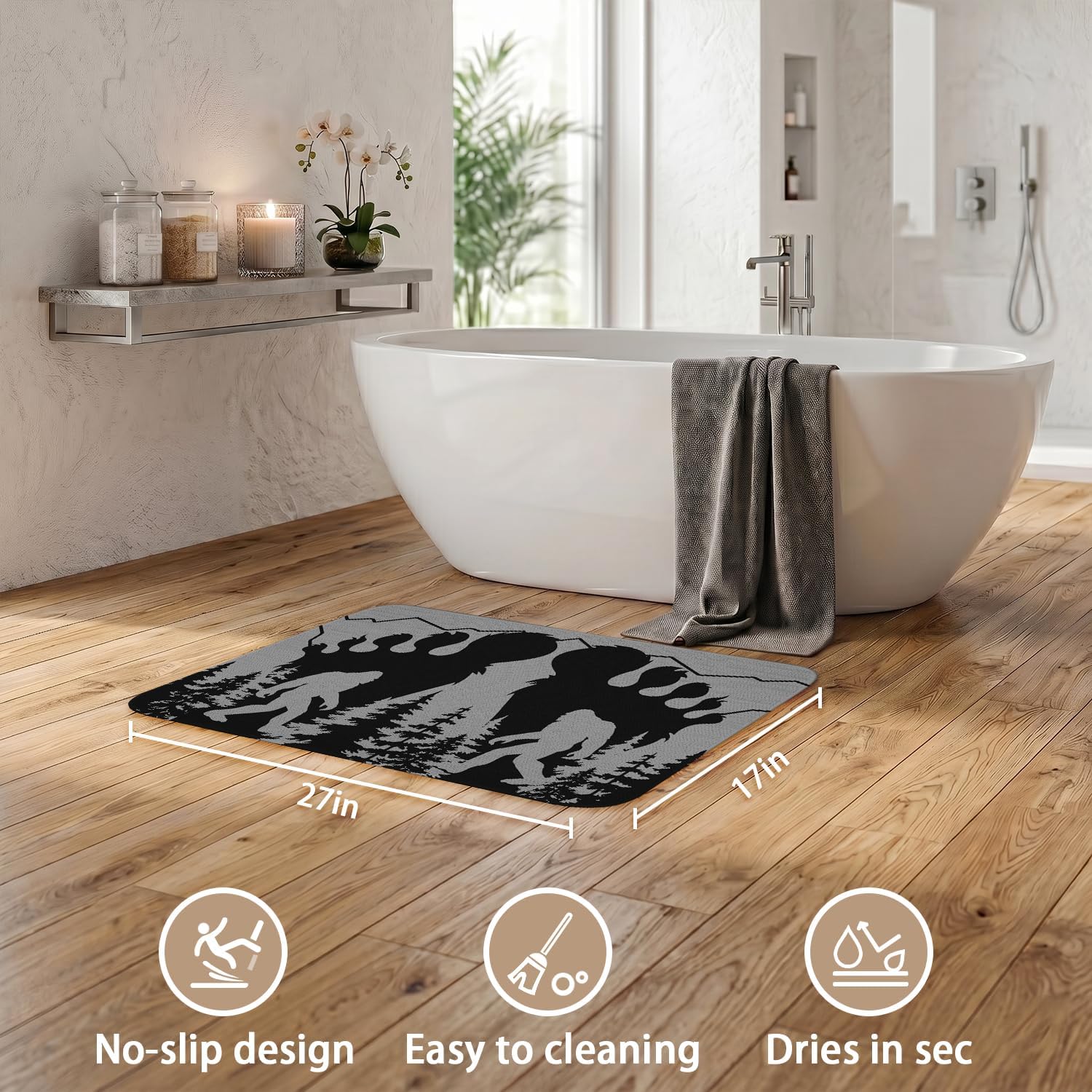 Funny Bigfoot Ultra Thin Black Grey Bath Mat Non-Slip Bath Rug Quick Dry Machine Washable Absorbent, Rubber Bath Mats for Bathroom, Fun Thin Bathroom Rugs Fit Under Door/Outside Shower/Sink, 17"x27" image 2