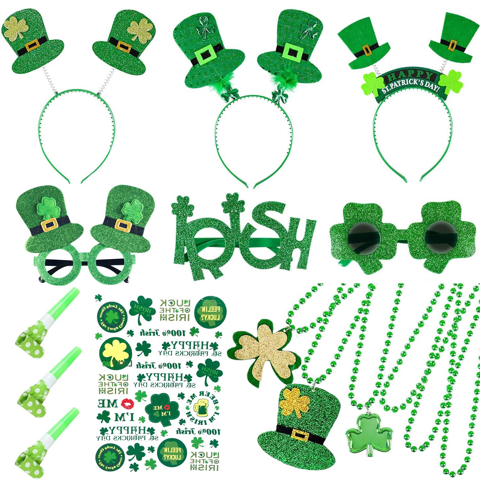 BFSYRR 16 Pcs St Patricks Day Accessories for Women Green Headband Shamrock Eyewear Necklace Tattoo Stickers