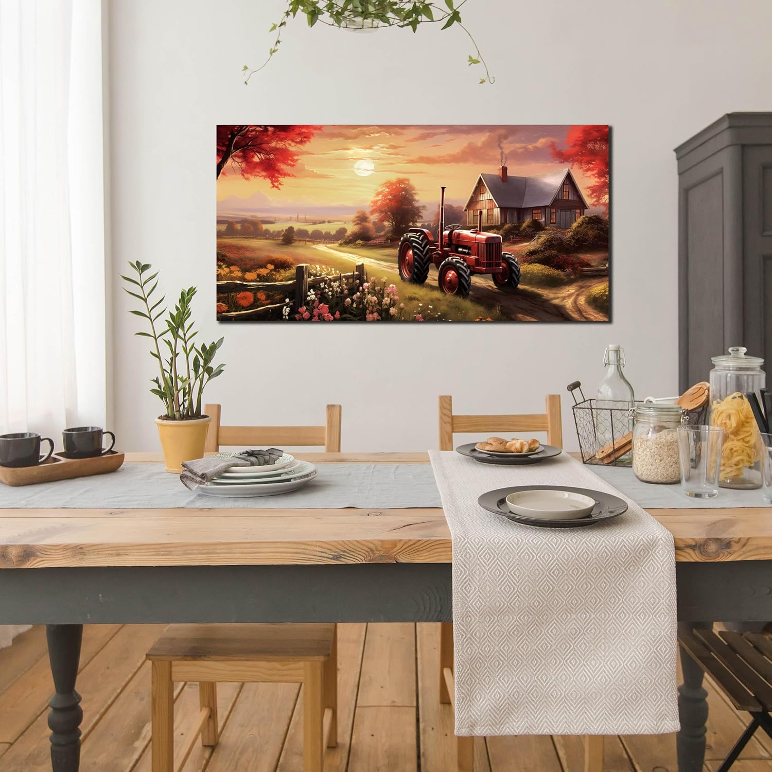 ANCXWOTER Canvas Wall Art Sunset Landscape Canvas Prints Vintage Red Tractor for Living Room Bedroom Office Home Decor Country Farmhouse Artwork 24x48 Inch