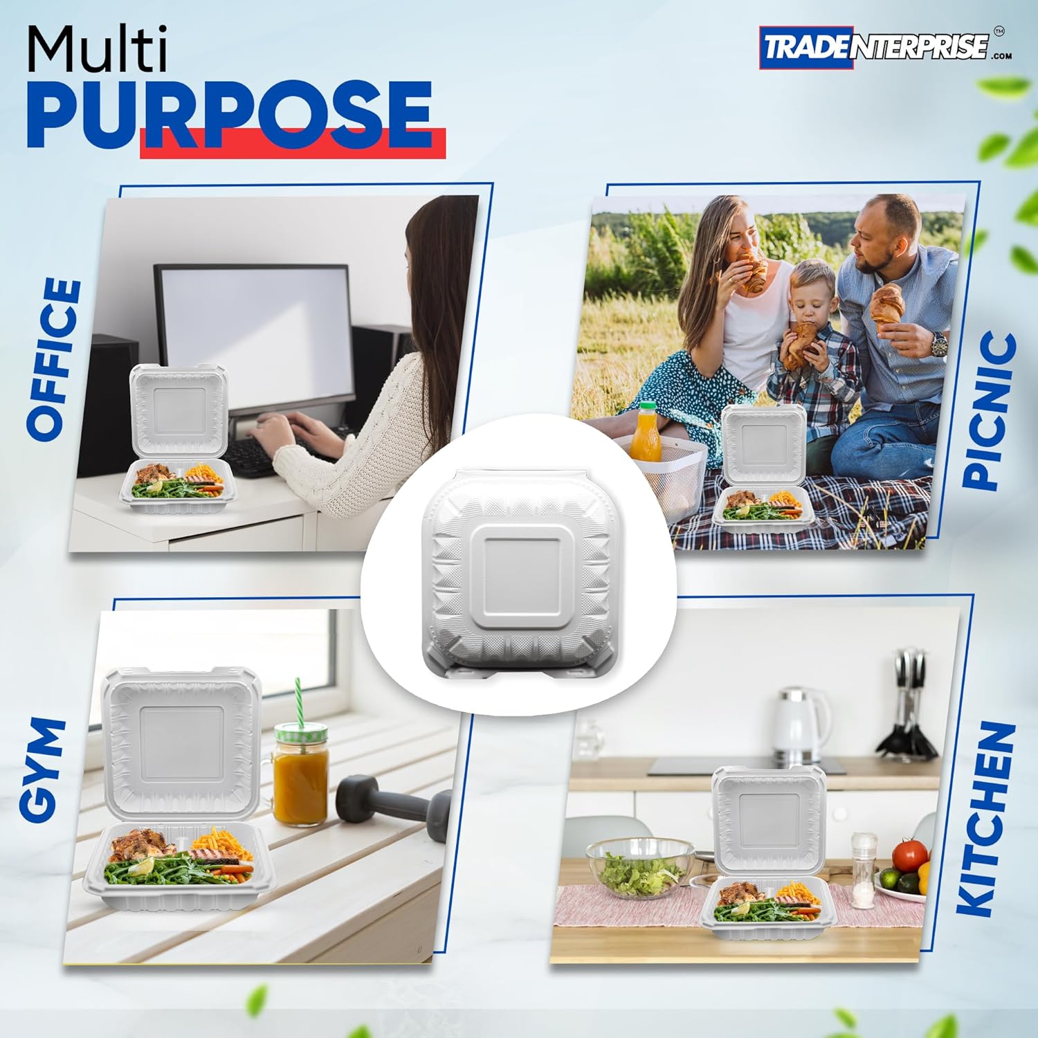 To Go Food Containers, Reusable 150 Pack 8 Inch 3 Compartment White Clamshell Take Out Food Boxes MFPP Meal Prep Container BPA Free Microwave Freezer Safe Plastic Hinged 34 OZ