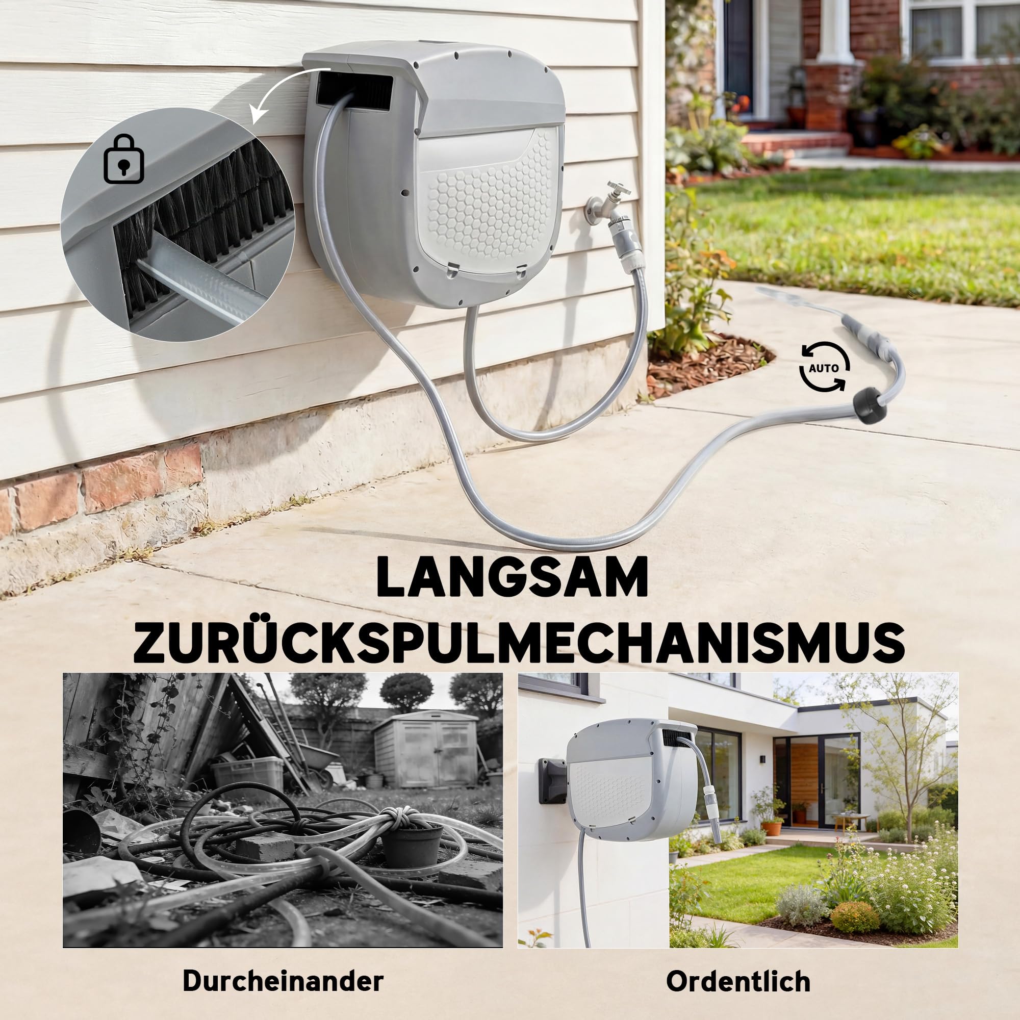 Outsunny Schlauchtrommel mit Gartenschlauch 20 m 180° Schwenkbar Grau | Schlauchbox, Automatische Aufrollung, Selbstverriegelung, Schlauchaufroller zur Wandmontage, Wasserschlauchaufroller