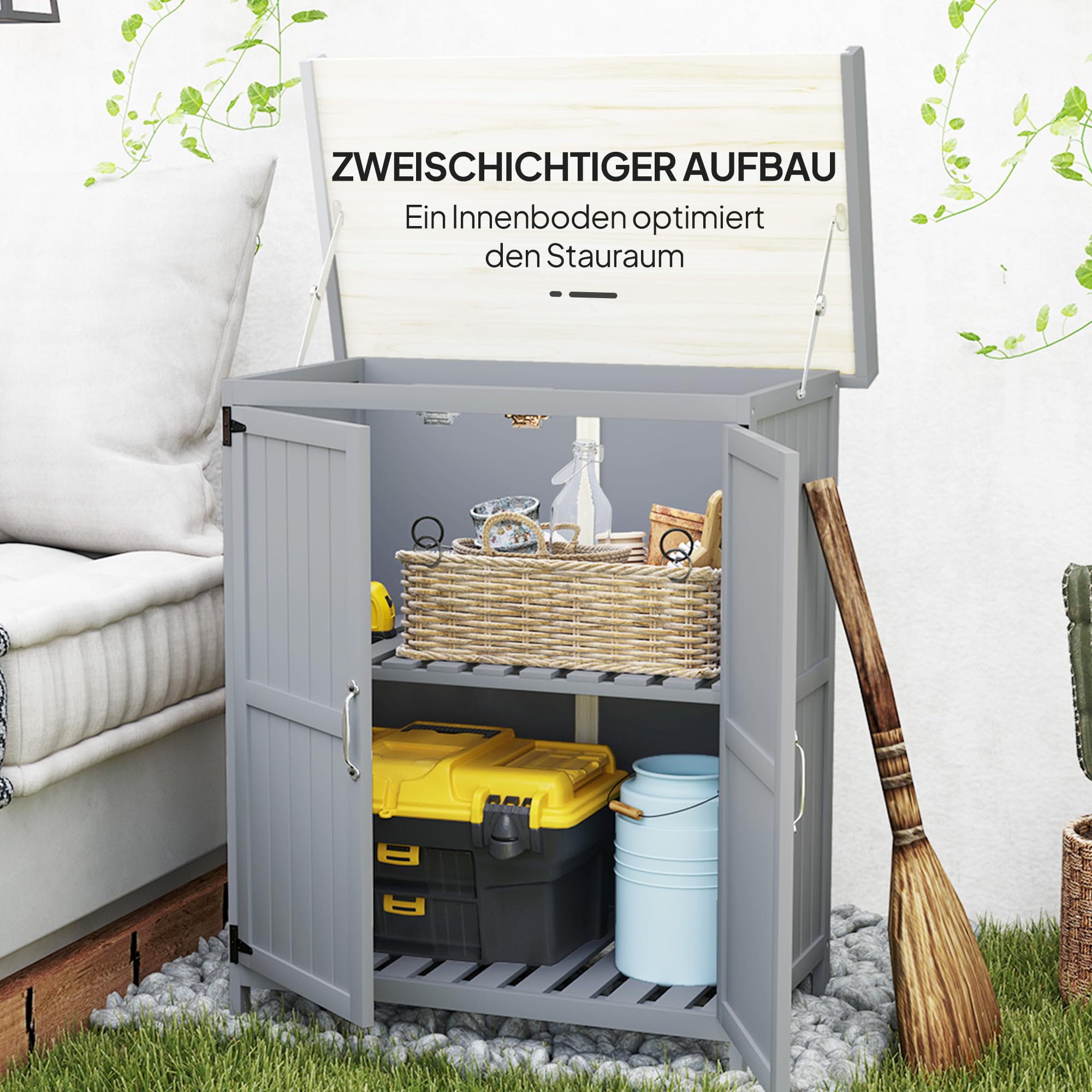 Outsunny Gartenschrank Holz wetterfest 74x43x88cm Gerätehaus mit Klappdach Ablagen Arbeitsfläche Grau