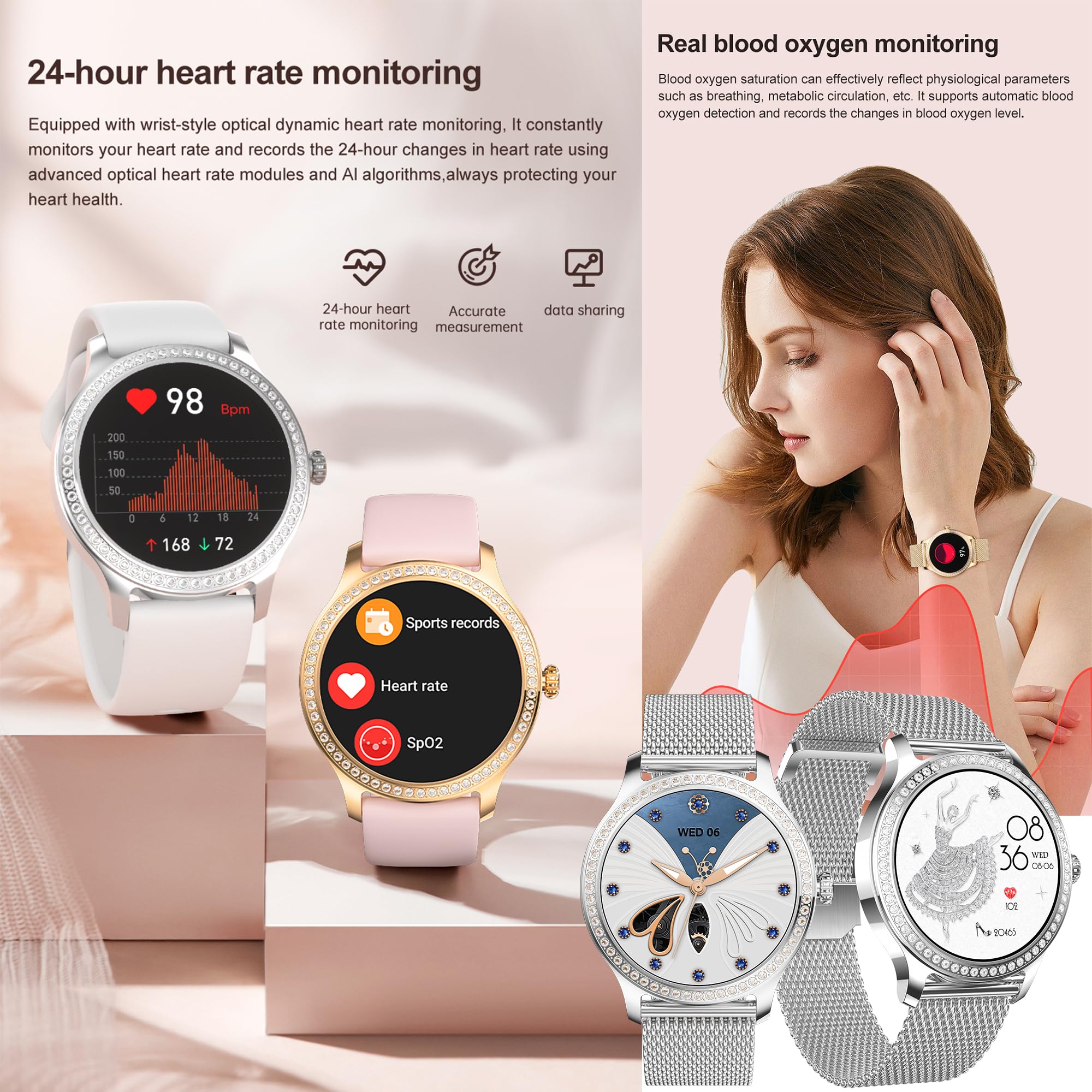 Reloj Inteligente Mujer con Llamadas, 3 Correas, 1,28 Pulgada Smartwatch Deportivo con Diamond Podometro Pulsometro SpO2 Sueño Presion Arterial Actividad 5ATM Reloj Digital para iOS Android (Plata)