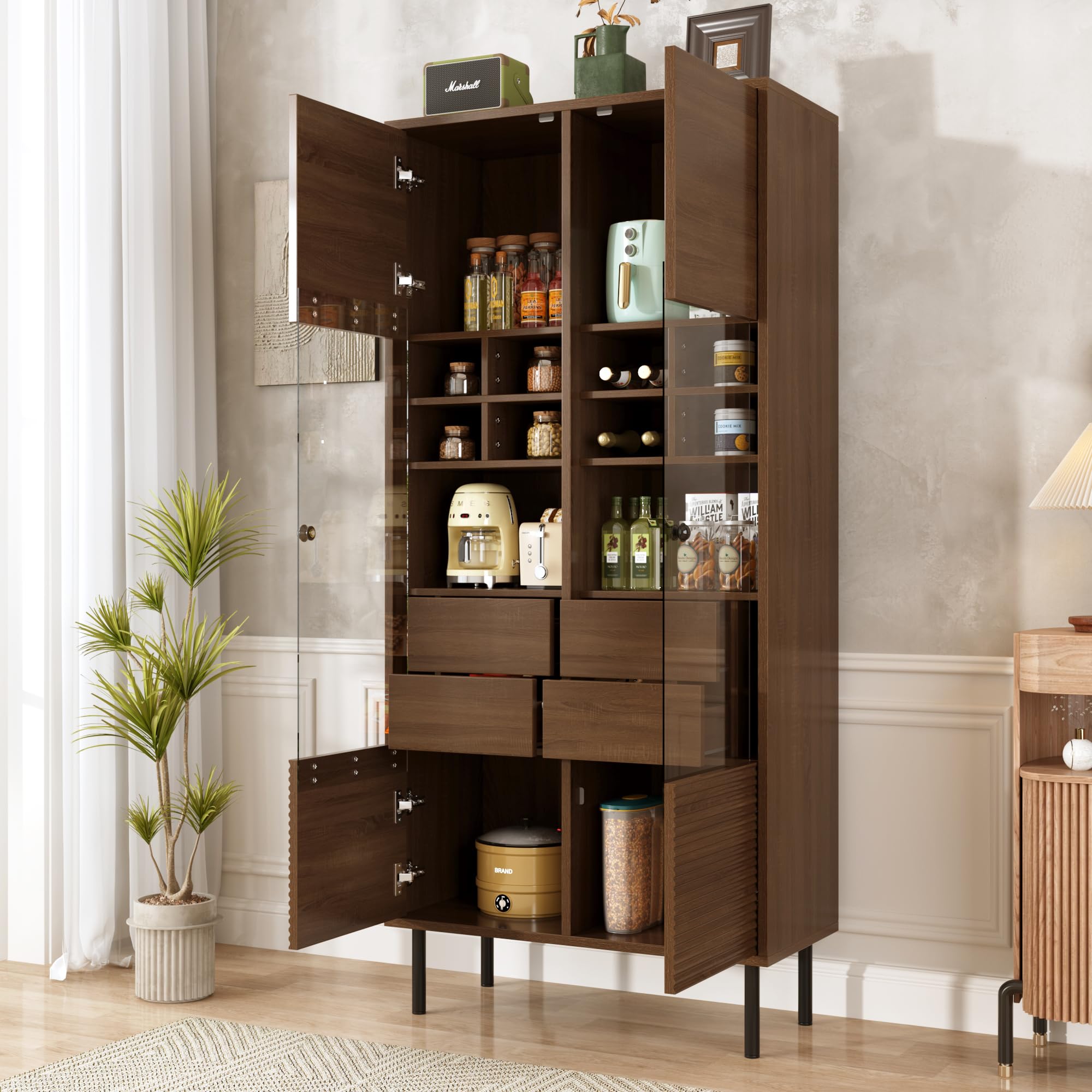 Vitrina con varios estantes en acabado nogal: frontal de cristal + estantes + cajón oculto. Solución de almacenamiento versátil para baño/salón/oficina