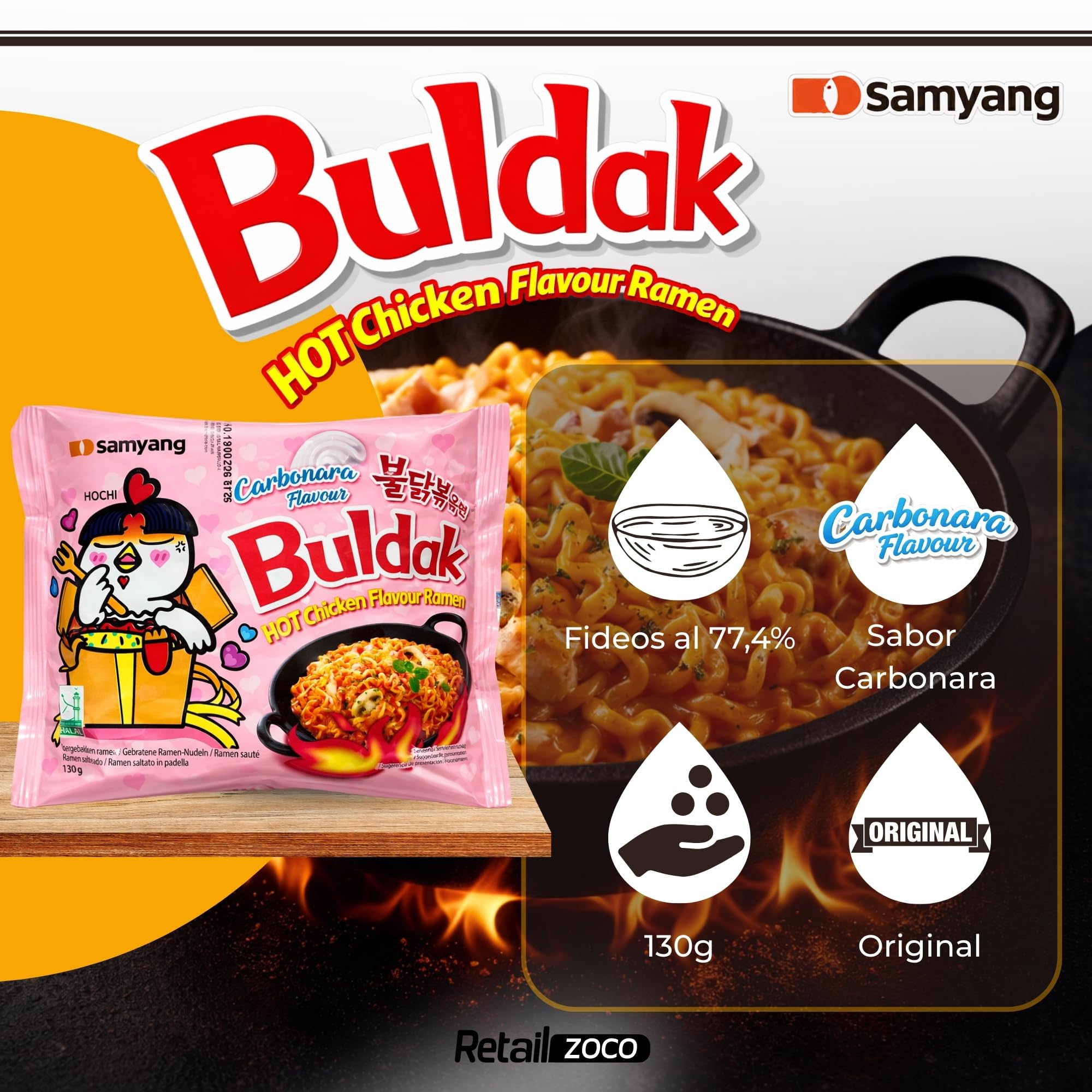 Ramen con fideos salteados con pollo picante Samyang Buldak, Hot Chicken Ramen Carbonara, Hot chicken ramen instantáneo muy rico y picante, Sabor a carbonara, Pack 5 paquetes de 130g cada uno