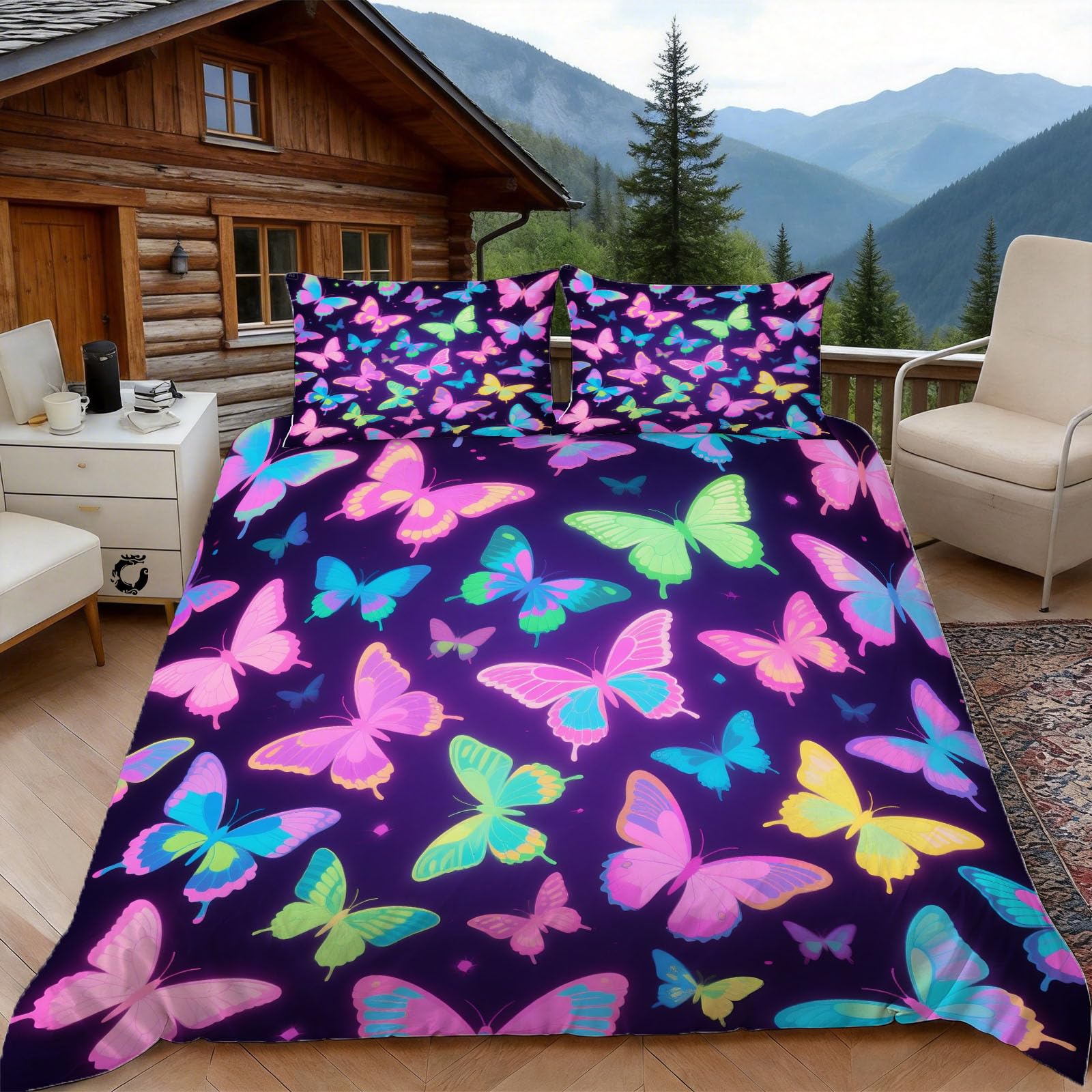 Housse de couette 140x200 papillon coloré parure de lit 1 personne microfibre