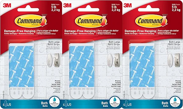 Command Water-Resistant Adhesive Refill Strips, Large (Pack of 12) – Damage-Free Hanging for Bathroom Hooks & Shower Caddies in Humid Areas, No Tools Needed, Holds 5 lb