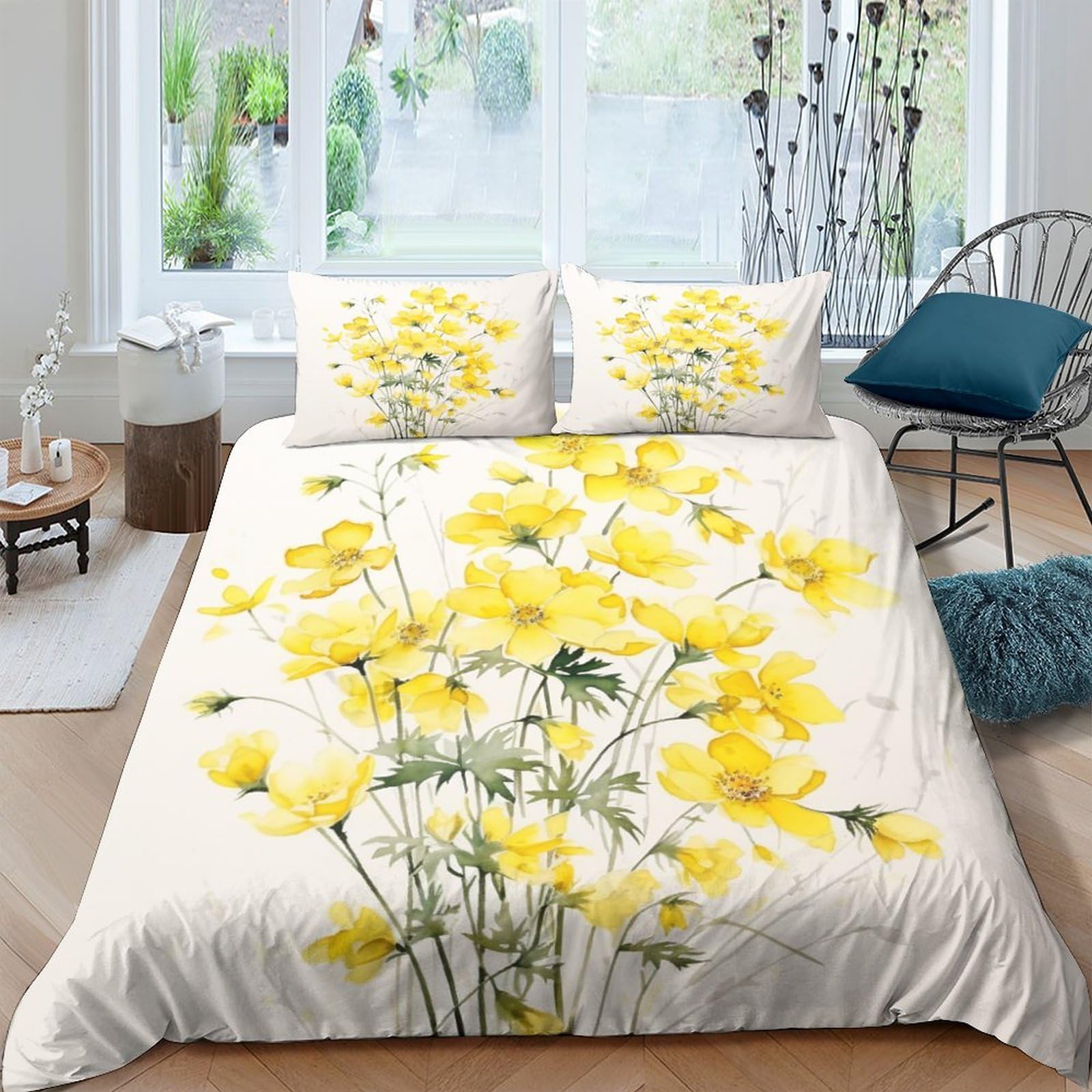 Parure de lit de luxe IOFEER housse de couette imprimée 3D fleurs jaunes en polycoton