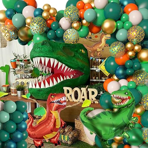 Miniatura 5 de Amandir Kit de guirnalda de arco de globos de dinosaurio de 165 piezas, color verde salvia y naranja, 6 globos de aluminio de dinosaurio, globos de
