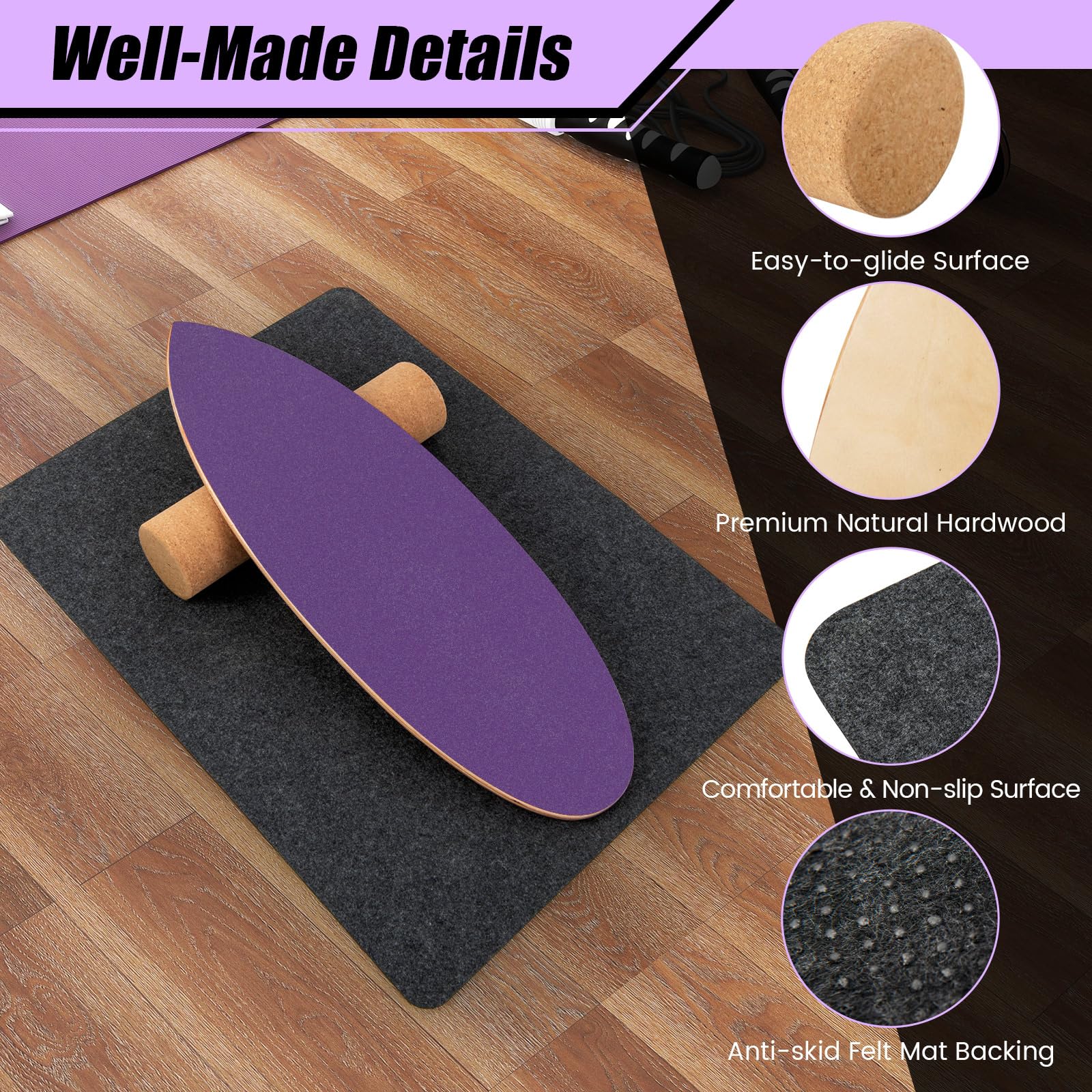 FANTASK Holz Balance Board, Balancebrett, Balance Trainer Trickboard für zuhause, inkl. Korkrolle, Balance-board aus 8 hochwertigen Holzschichten gepresst, Lila
