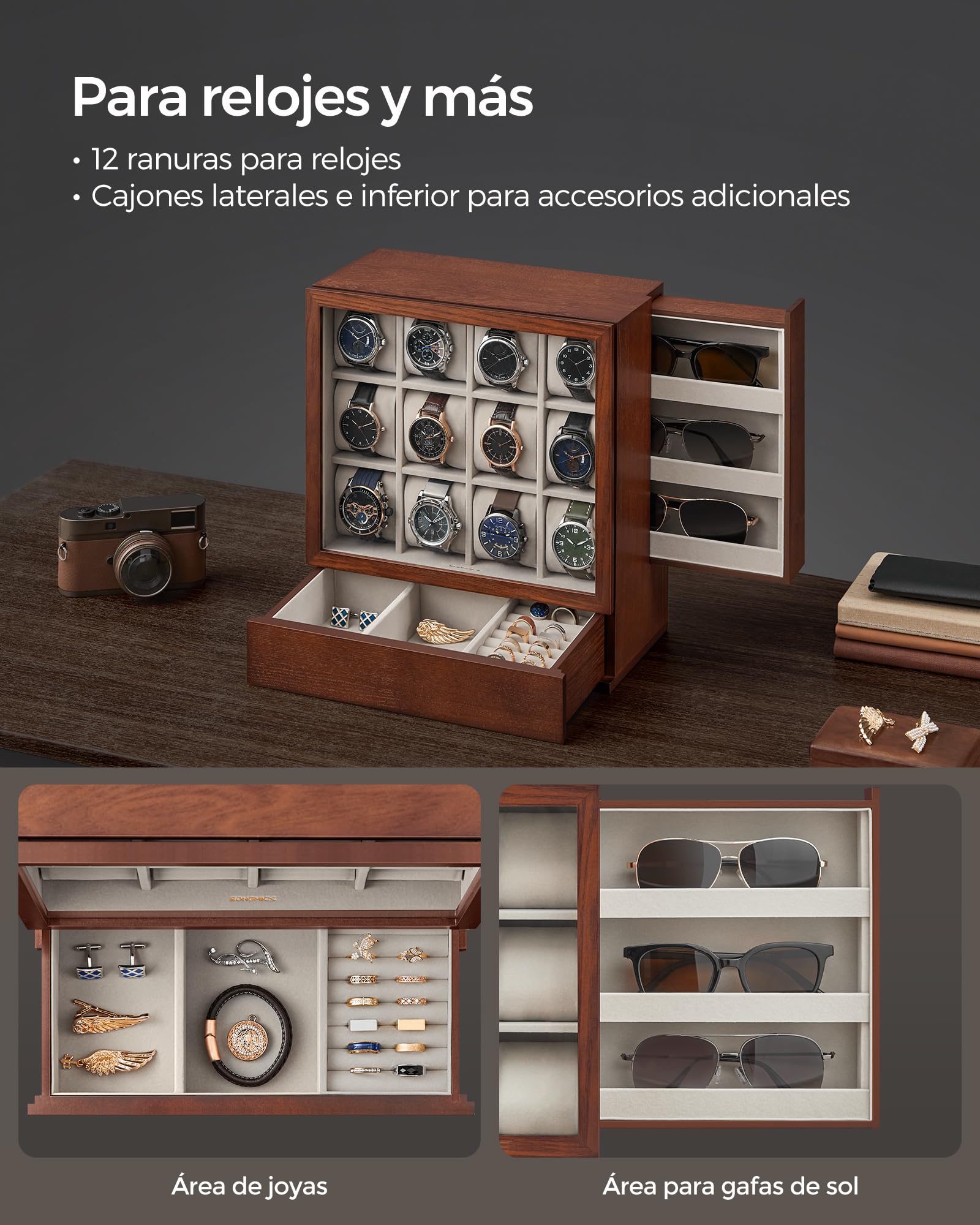 SONGMICS JOW014K01 Caja de relojes con 12 cajones, caja de reloj de madera con ventana, gabinete de exhibición de madera de chapa maciza, almacenamiento vertical, ahorro de espacio, idea