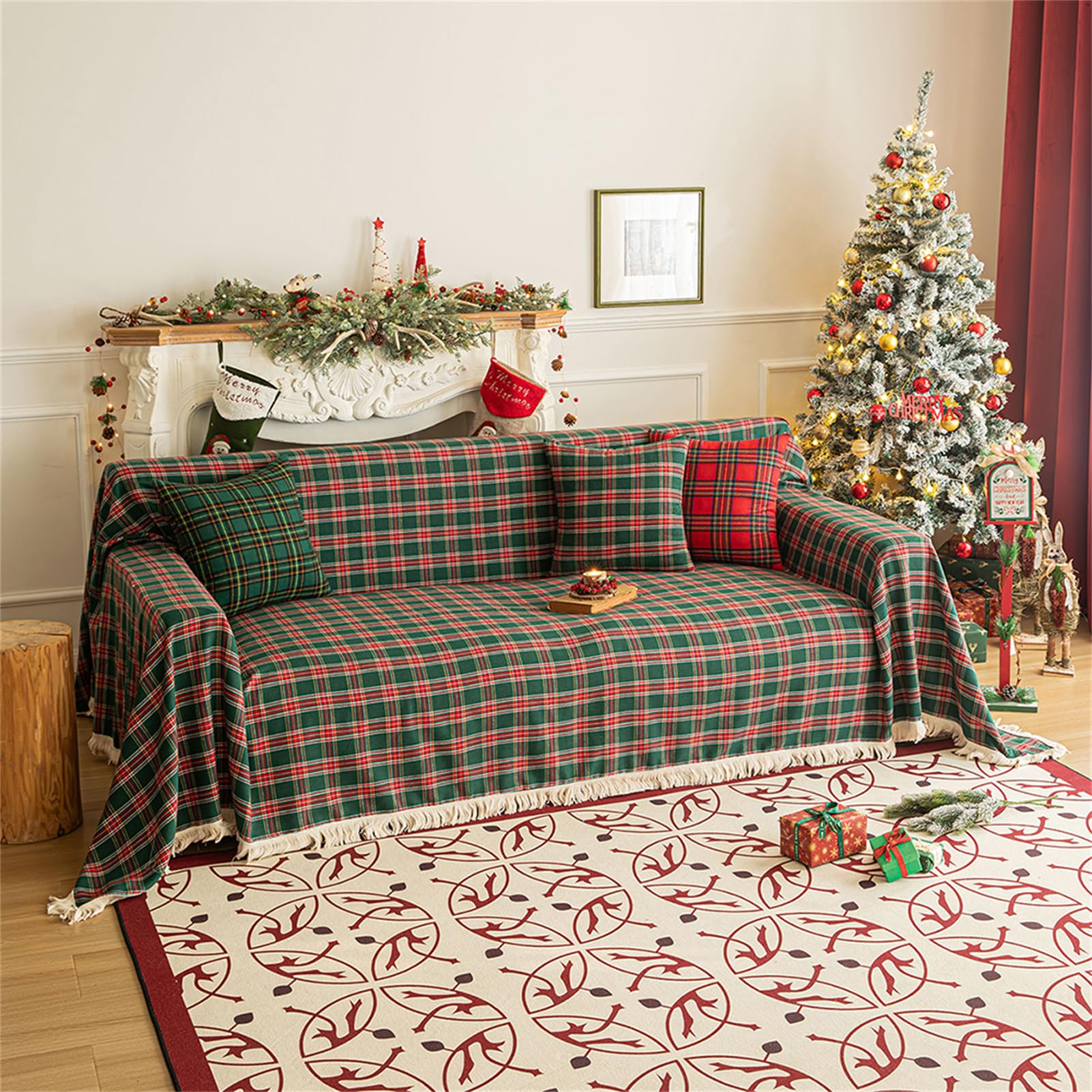Manta para Sofá Navidad con Flecos, Funda de Sofá Navideñas Manta Microfibra para Cama, Manta de sofá de Cama o de Sala de Estar Lavable Protector (Rojo Verde,180x300cm)