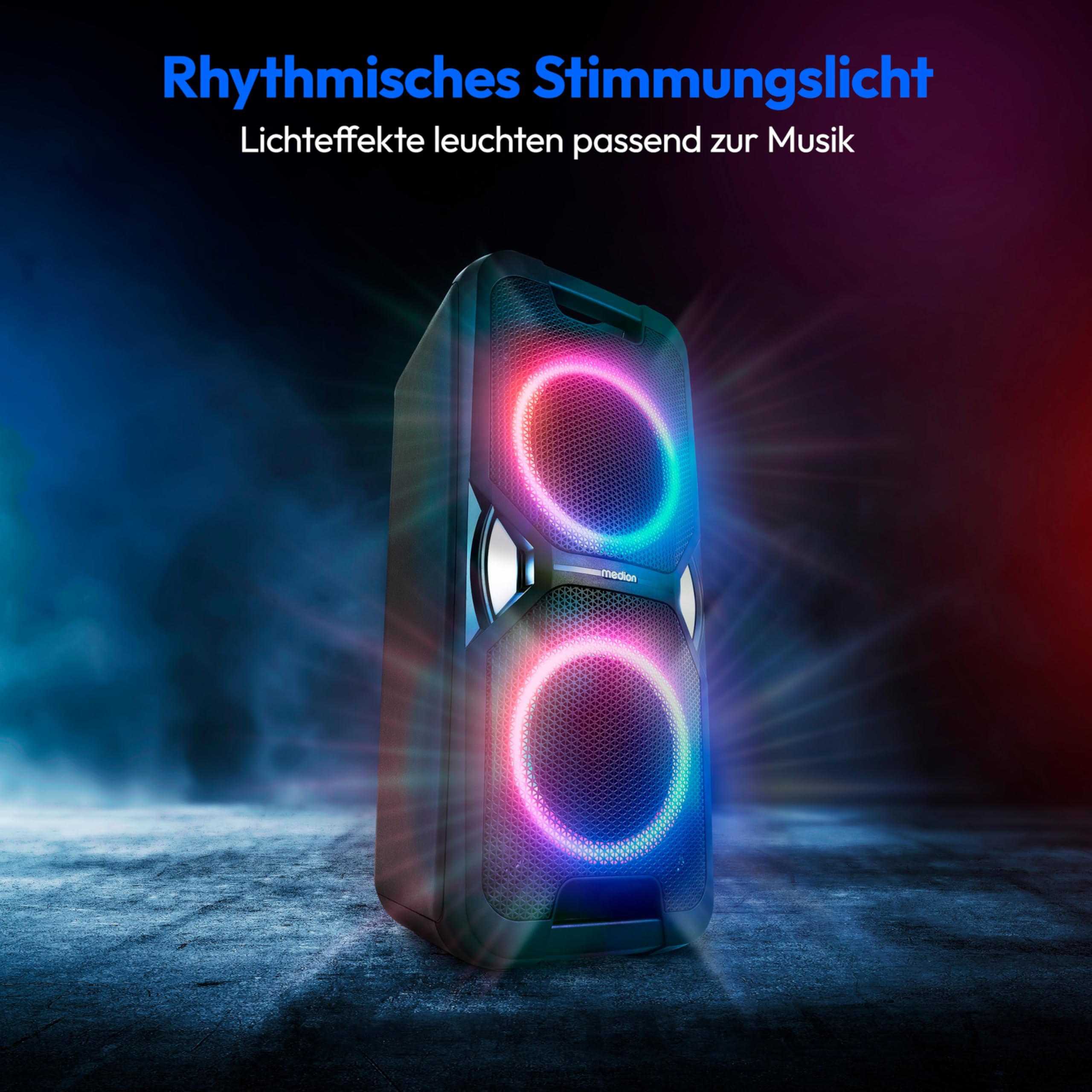 MEDION PE-1 Pure Partybox (Akku, mit Mikrofon, tragbarer Bluetooth Lautsprecher groß, Musikbox, Verschiedene Lichteffekte, Partylautsprecher mit Karaoke, 2 x Mikrofonanschluss, AUX, USB, Radio)
