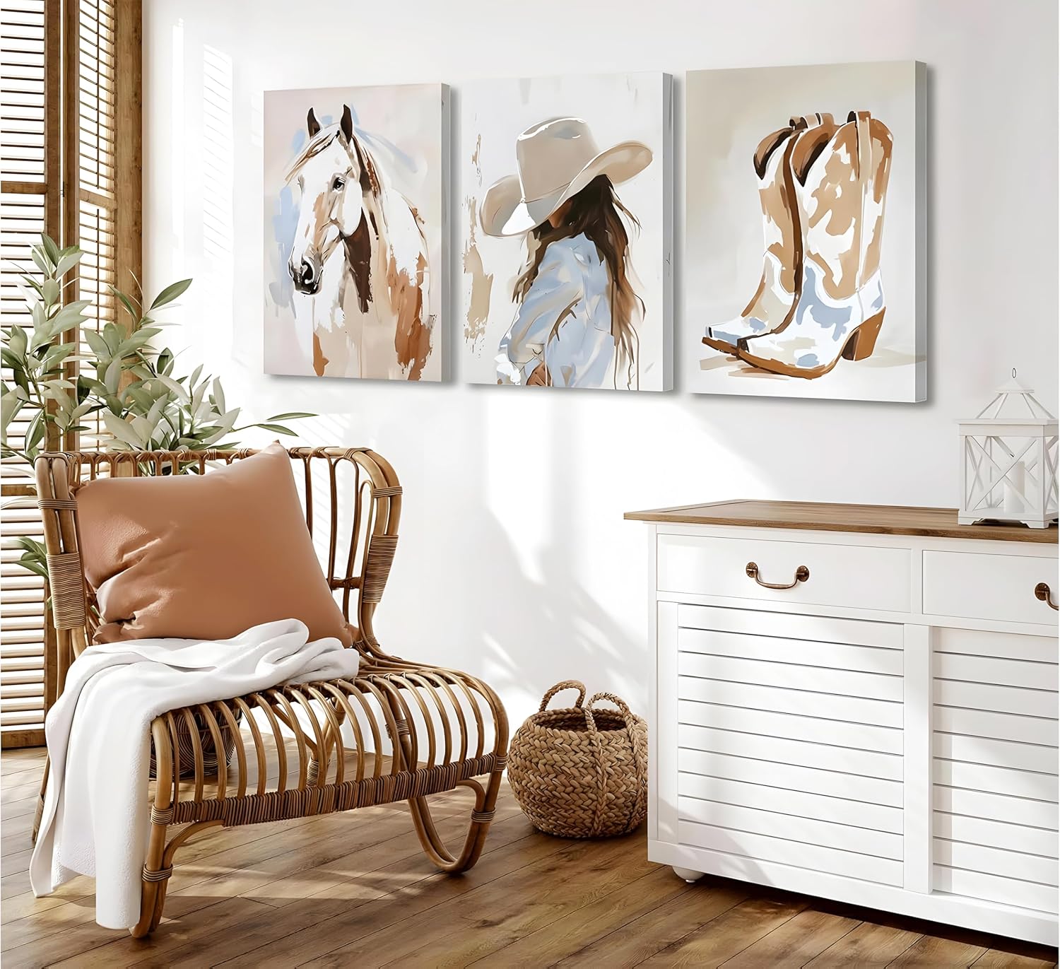 3pcs framed Western Cowgirl Wall Art Western Girl Room Oil Paintings Style Wall Decor Cowboy Boots and Horse Paintings Pictures with Hat Cowgirl Canvas Prints Poster for Living Room Bedroom Home Decoration 16x24in