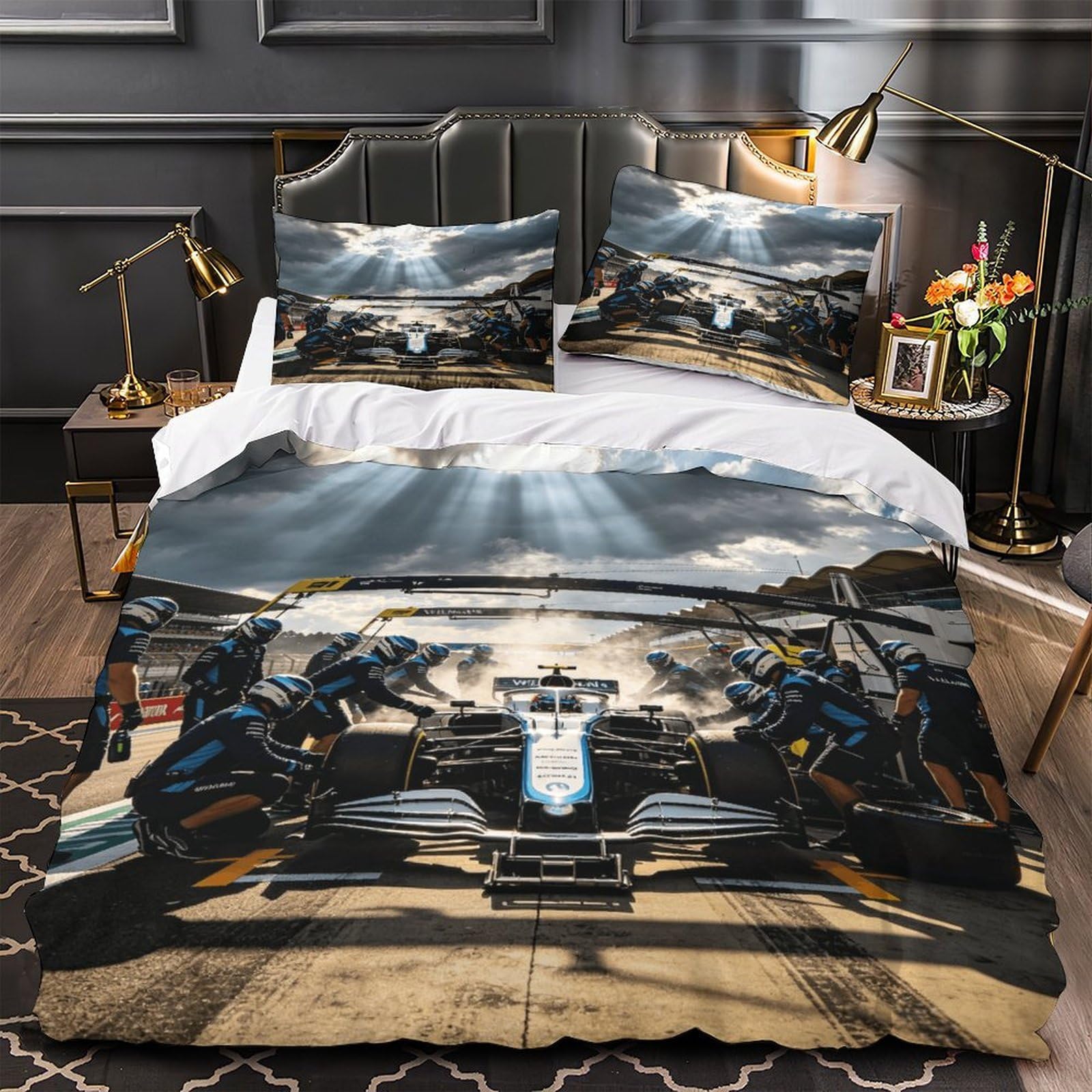 3U6C4M9K Formulaa Racing Bedding Set Super King（260x220cm） Pit Stop Duvet Cover Set with Pillowcases, Soft Microfiber Comforter Cover for Boys, Girls, Adults