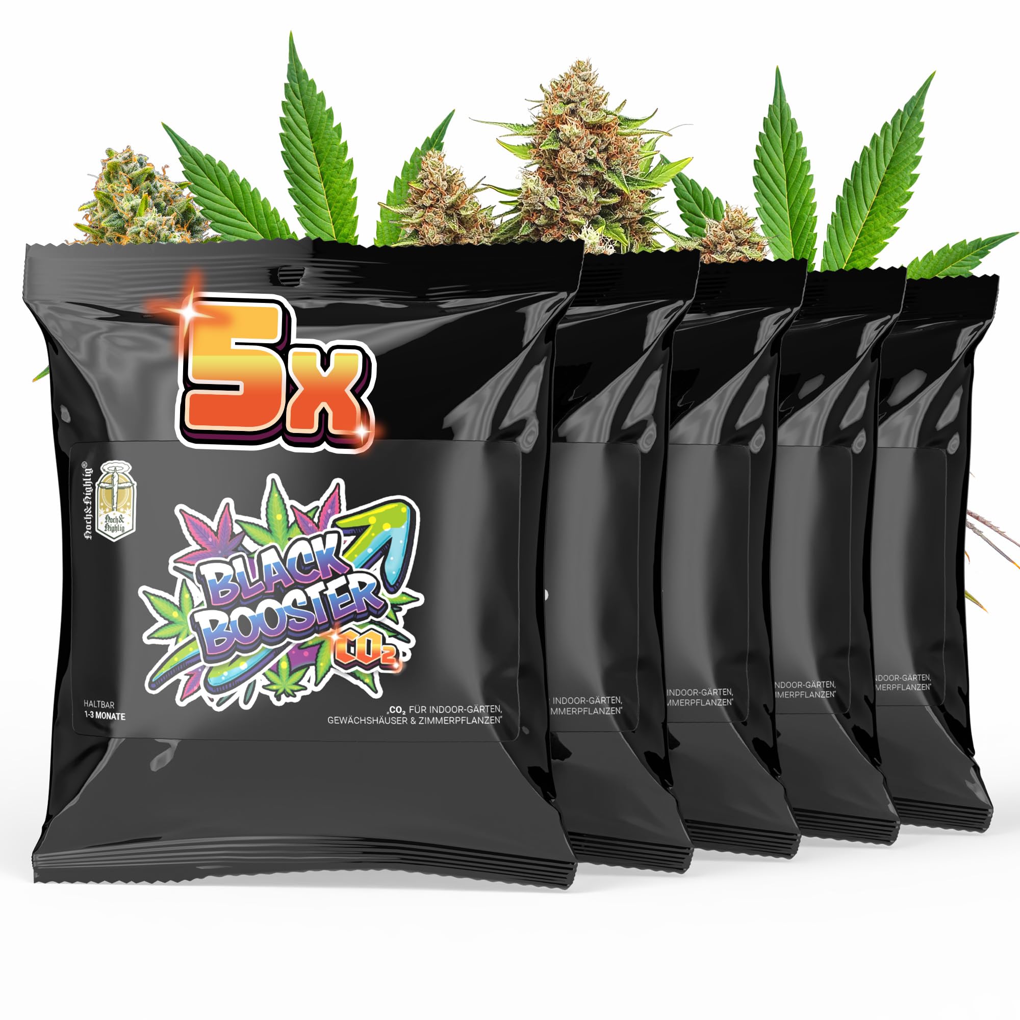 Hoch & Highlig Black Booster CO2-Beutel für Pflanzen – 5er Set - Natürliche CO2-Quelle für Indoor-Grow, Zimmerpflanzen & Gewächshaus – Dicke Buds und fettere Blüten