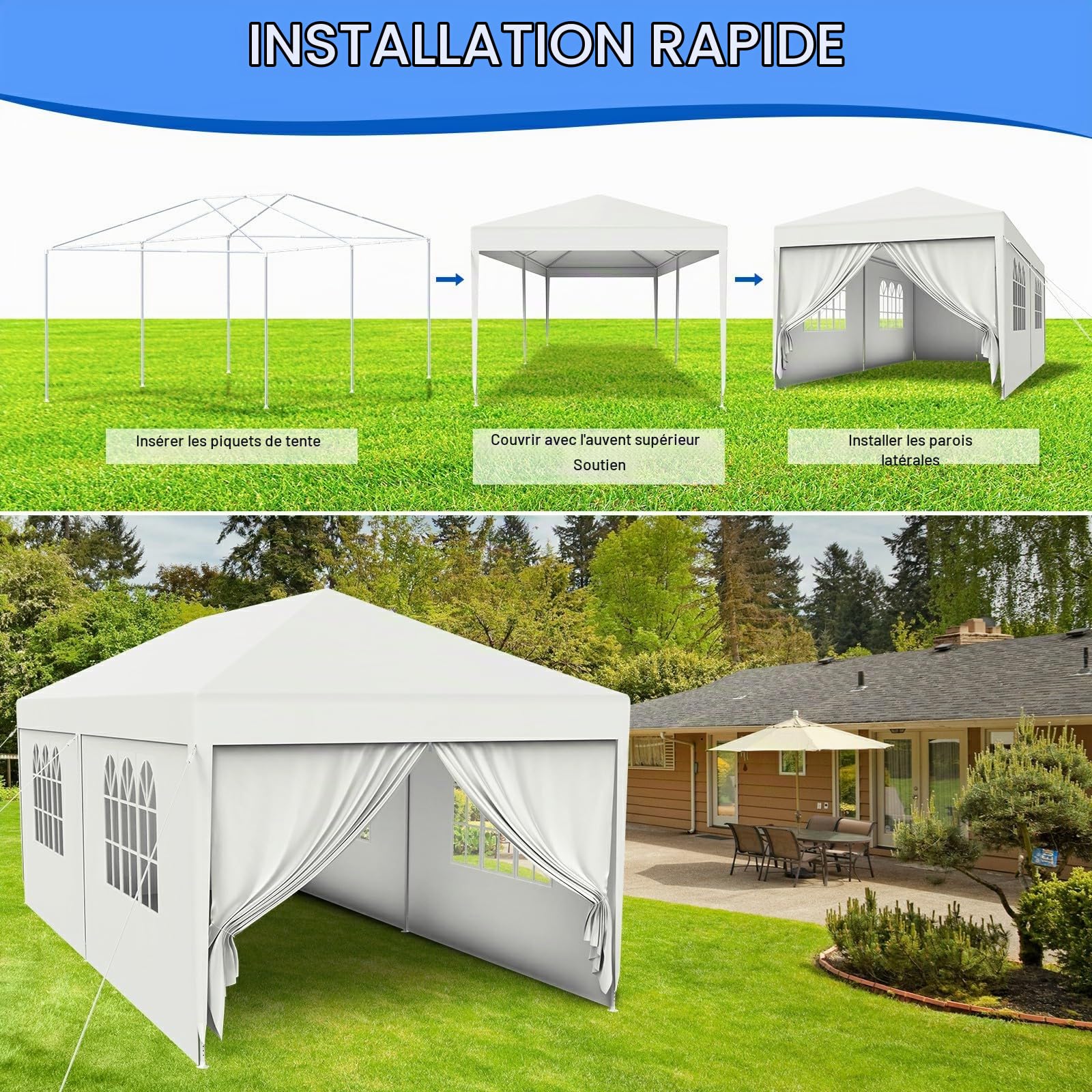 Tonnelle de Jardin 3x3M,Tente Réception,Tente de Campingavec Fenêtres、Parois Latérales，Imperméable,Anti UV，Résistant au Vent Auvent,Barnum pour Camping Festival Plage,Blanc