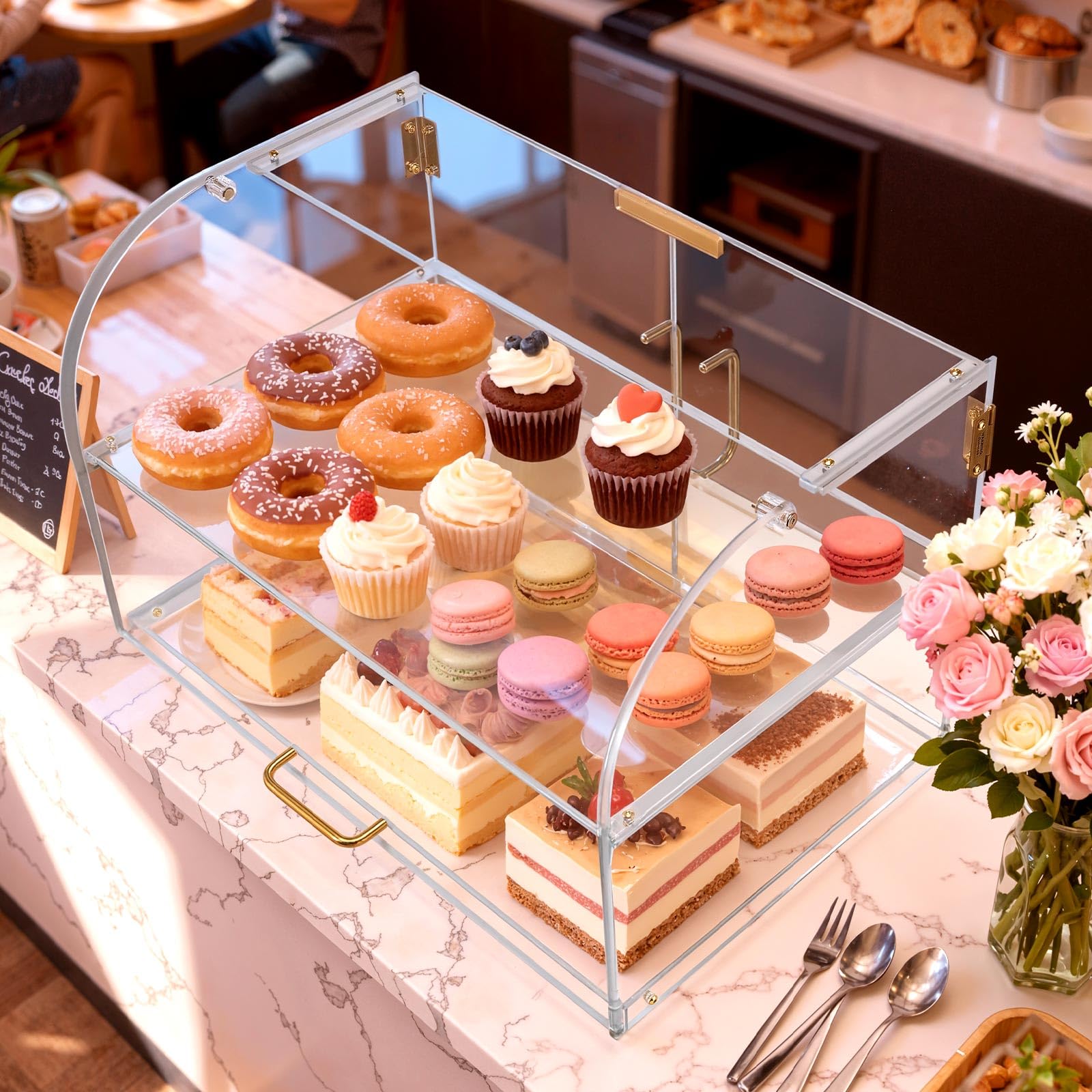 VEVOR Gebäckvitrine 2-stöckig, Gewerbliche Bäckereivitrine aus Transparentem Acryl, Thekenvitrine mit Magnetischer Rücktür & Abnehmbarer Trennwand für Kekse Desserts Donuts, 558 x 355 x 355 mm