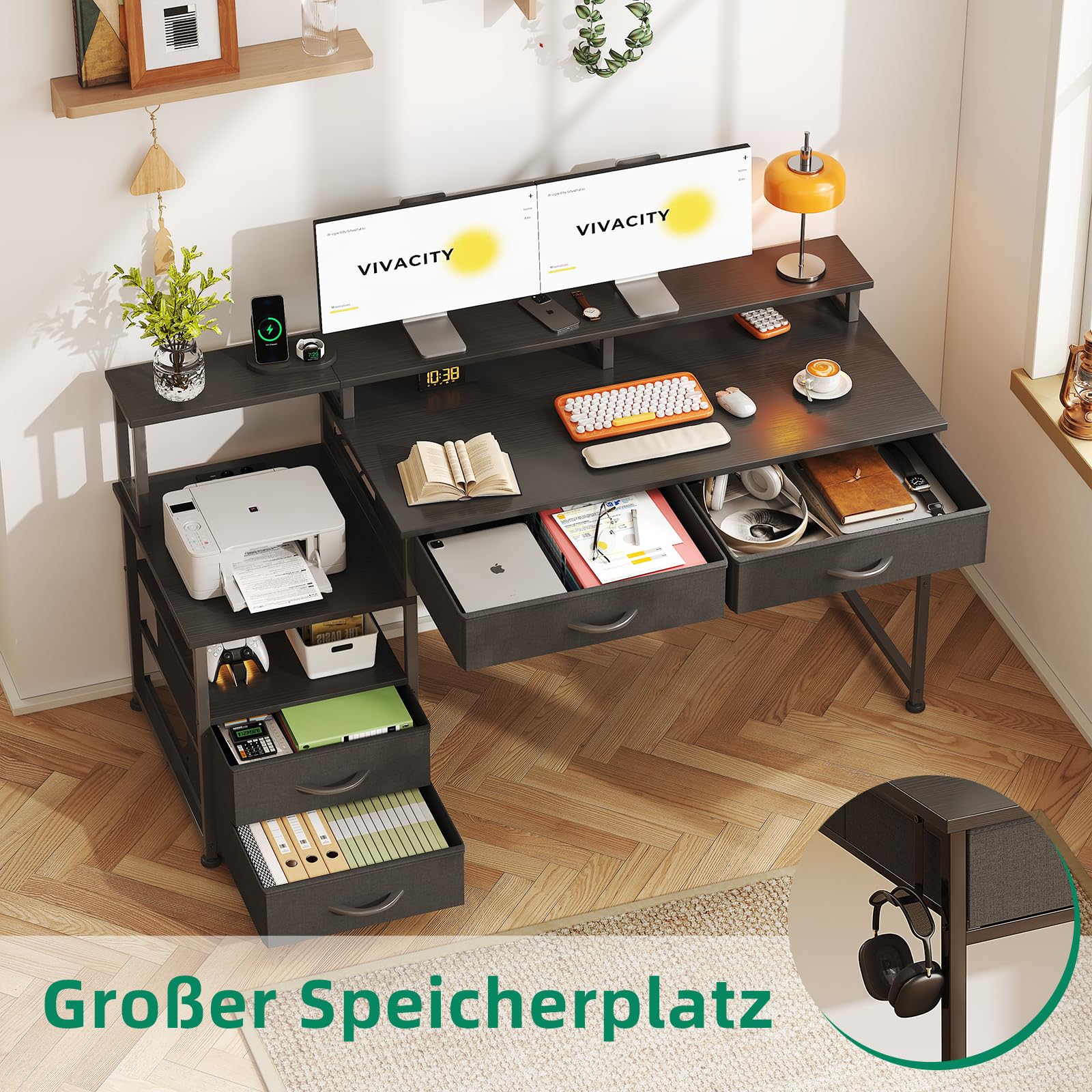 CAIYUN Computerschreibtisch mit 4 Schubladen & integrierten Steckdosen - Reversibler Schreibtisch für Home-Office, Gaming-Tisch mit Monitor- & Druckeraufsatz, LED-Licht fürs Schlafzimmer (Schwarz)