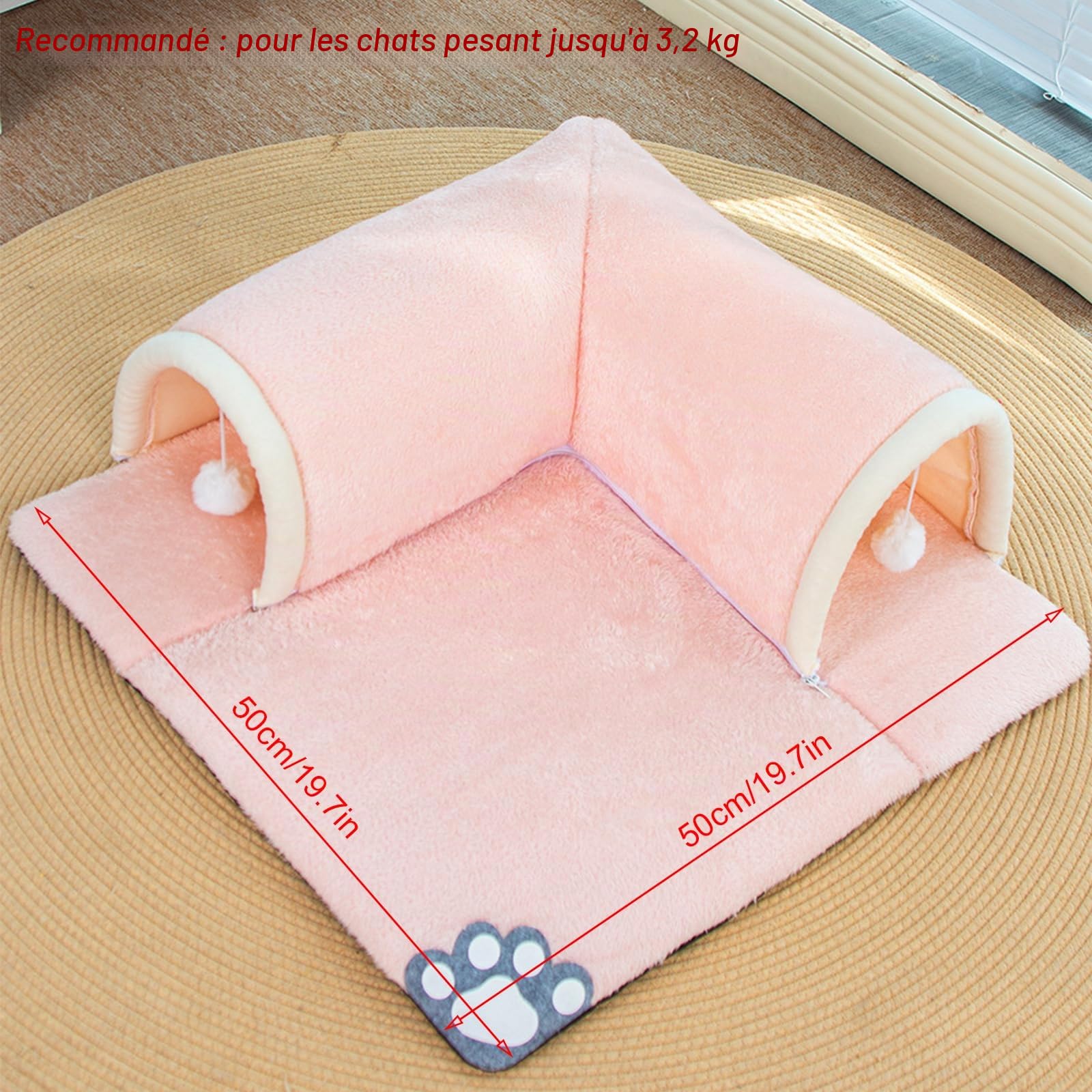 Lit tunnel pour chat 2 en 1 avec tapis, tube de jeu amovible pour chatons - Lavable - Tapis de grotte pour chaton avec balle - Tapis pour chat - 50 x 50 cm (rose)