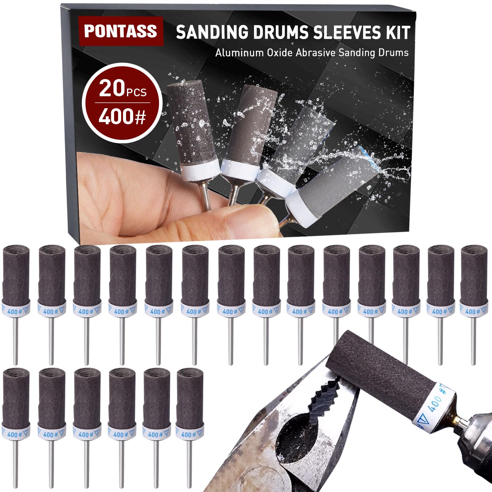 20pcs Sanding Band Drum Sleeves Set for Dremel Rotary Tool, 400 Grit Sanding Drums Sandpaper Sticks Set with 1/8"(3mm) Shank, Abrasive Grinding Polishing Rolls for Metal, Wood, Jade, Wall, Car