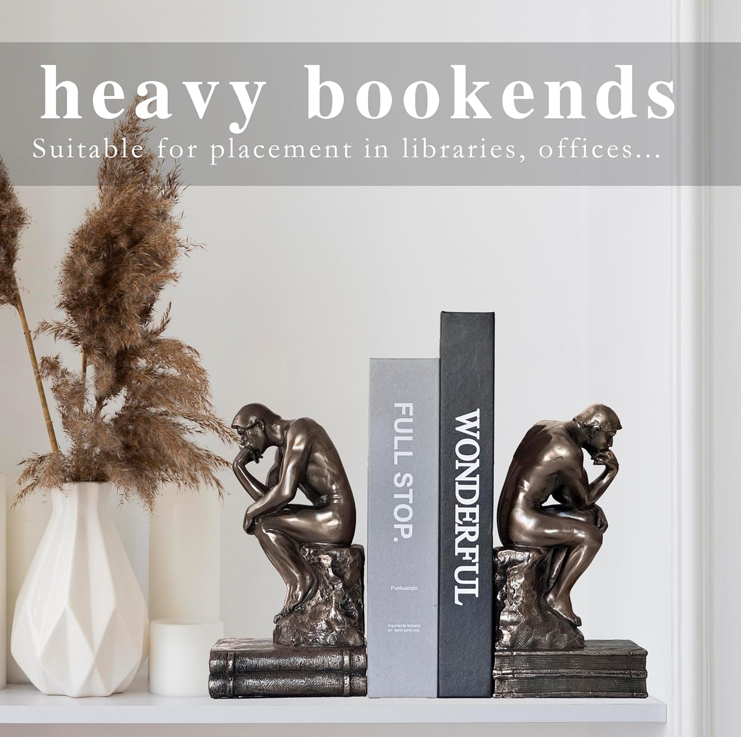 2PCS Vintage The Thinker Statue Bookends for Shelves Cold Cast Bronze Decorative Bookends for Heavy Books Home Office Desktop（Bronze Thinker）