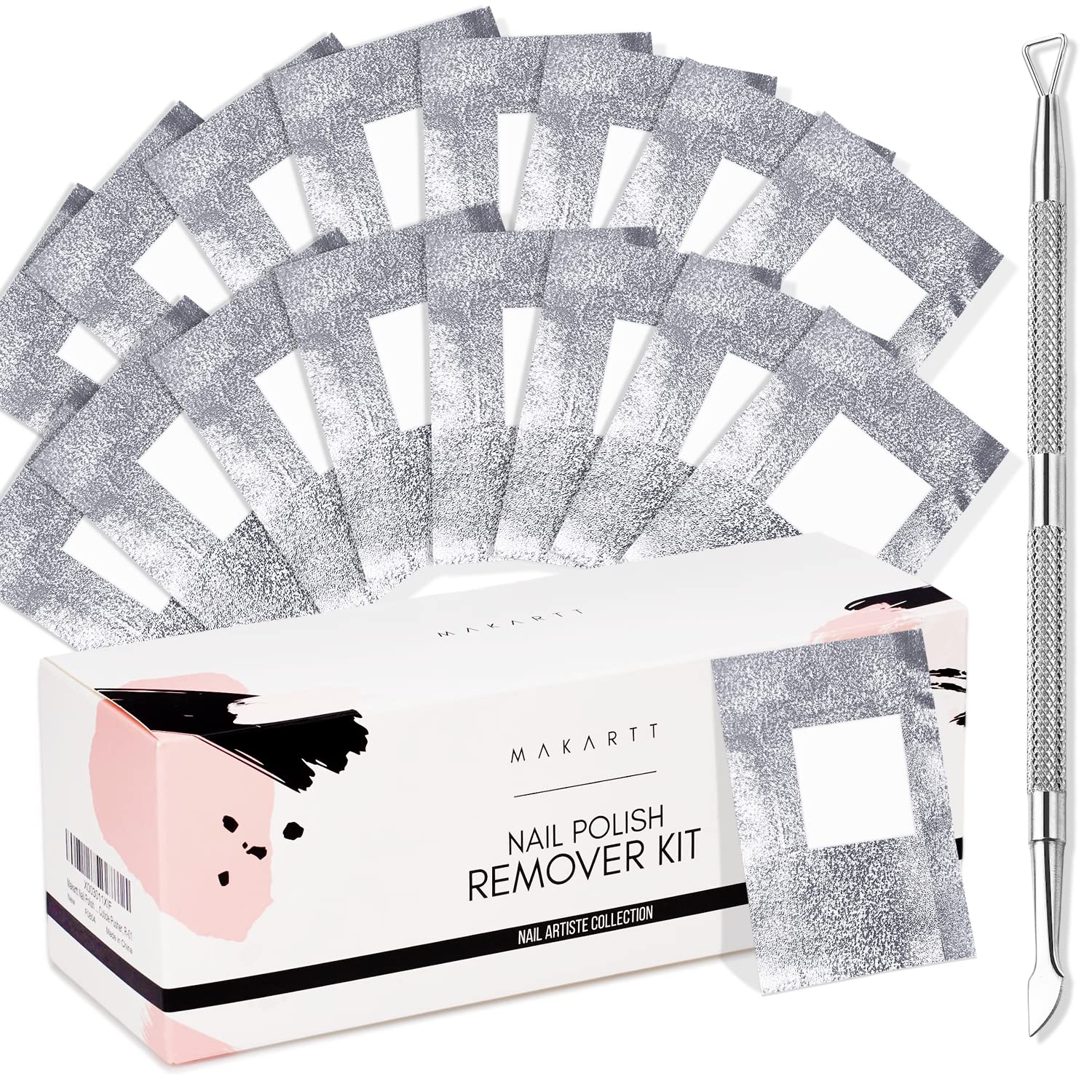 Makartt Nail Polish Remover Kit box with foil wraps and cuticle pusher