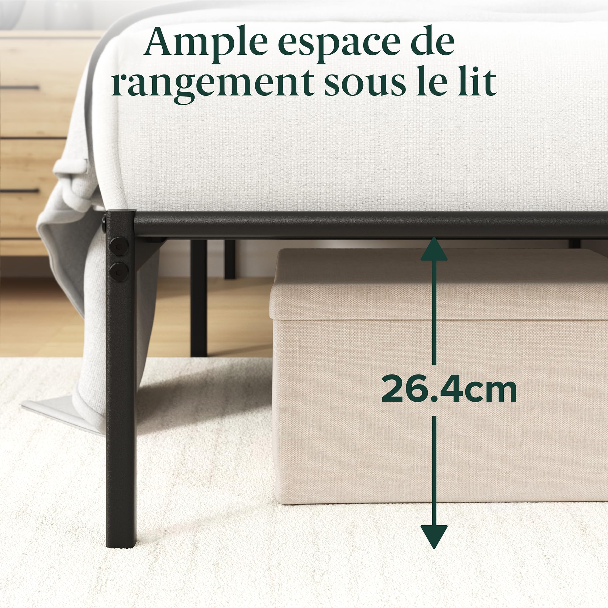 Zinus Elias Sommier 140x190 cm avec Lattes en Métal - Cadre & Tête de Lit 2 Personnes en- Hauteur 30 cm pour Rangement - Montage Facile - Noir