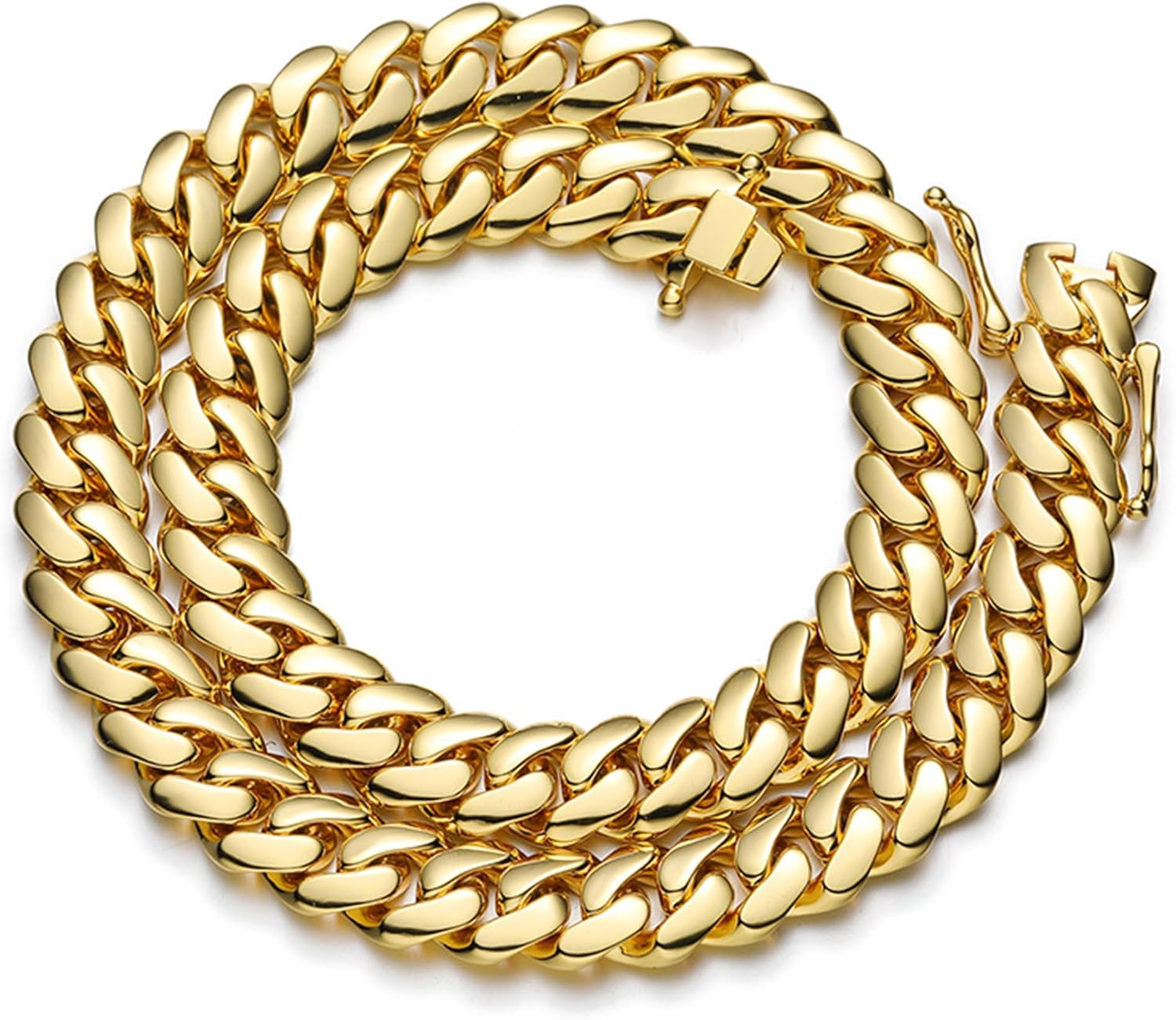 10mm Gold Plated Stainless Steel Cuban Link Chain Necklace & Bracelet - With Smooth Buckle Clasp - 7.5/8/8.5/9 Inch Bracelet & 18/20/24/30 Inch Necklace - Hypoallergenic Jewelry for Men & Women