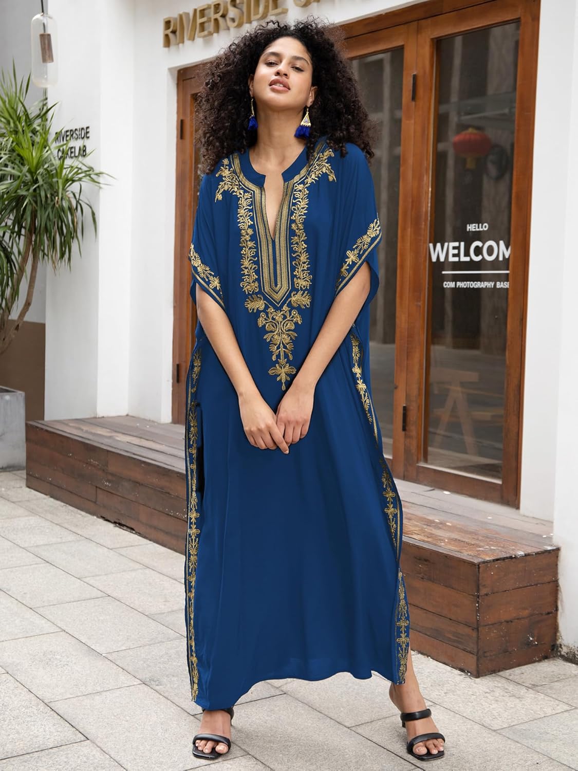 Women Embroidery Golden V Neck Arabic Dubai Kaftan Casual Beach Wear Cover Up Side Split Long Dress Blue - Image 6