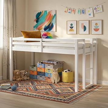 Jasper Twin Wood Junior Loft Bed - White Low-Profile Design with Ladder - Durable Pine Construction and Space-Saving Solution for Kids Bedrooms or Guest Rooms