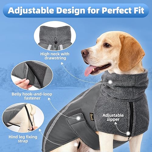 Miniatura 2 de SlowTon Abrigo de invierno para perro, cálida chaqueta para perros con forro polar para exteriores con bufanda de cuello alto, rayas reflectantes,