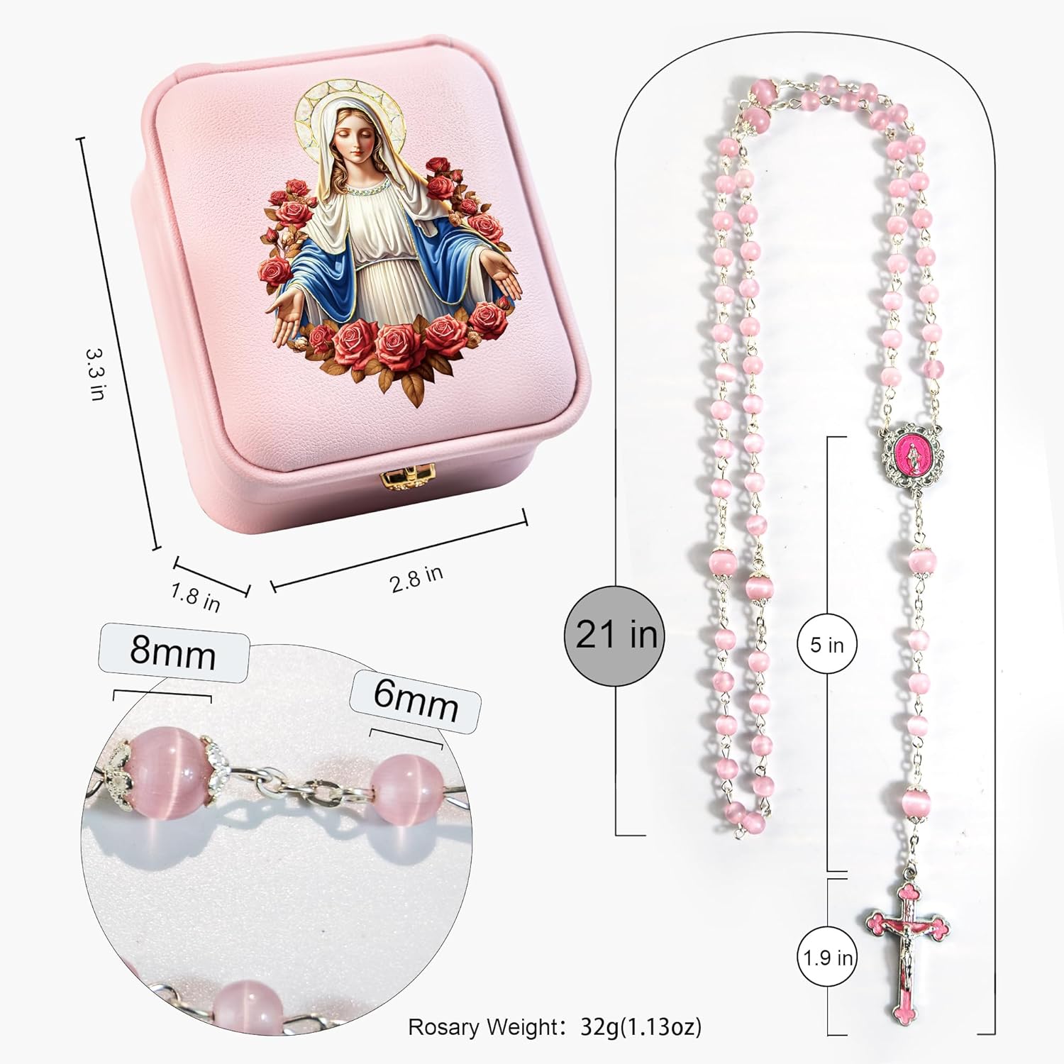 Rosary Necklace for Women - Cat's Eye Beads with Virgin Mary Medal & PU Leather Gift Box, Catholic Miraculous Medal Rosary - Image 3