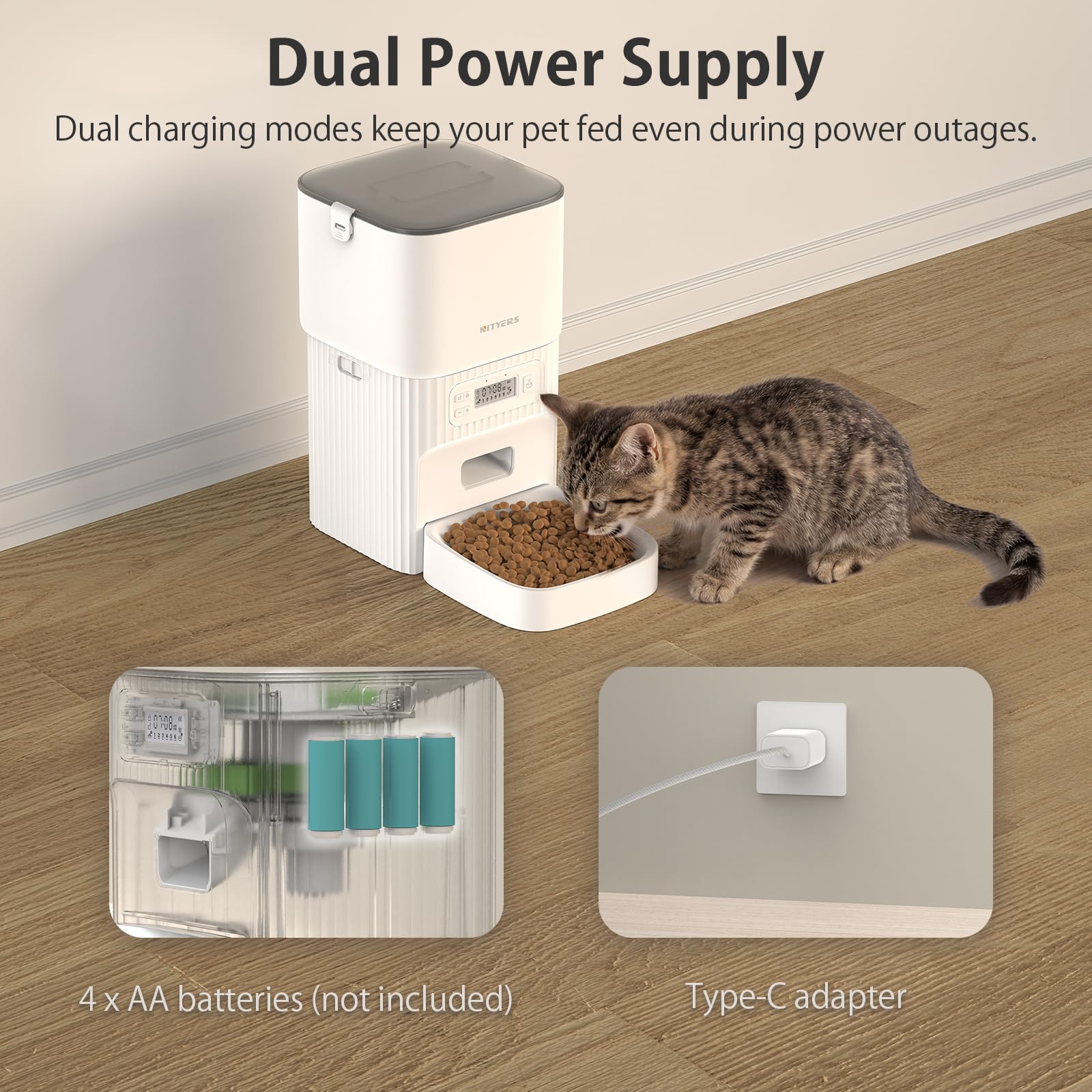 Mangeoire automatique pour chat avec anti-obstruction et double puissance, distributeur de nourriture sèche de 4 L pour 1 à 6 repas par jour, minuterie et garde frais, mangeoires chronométrées pour